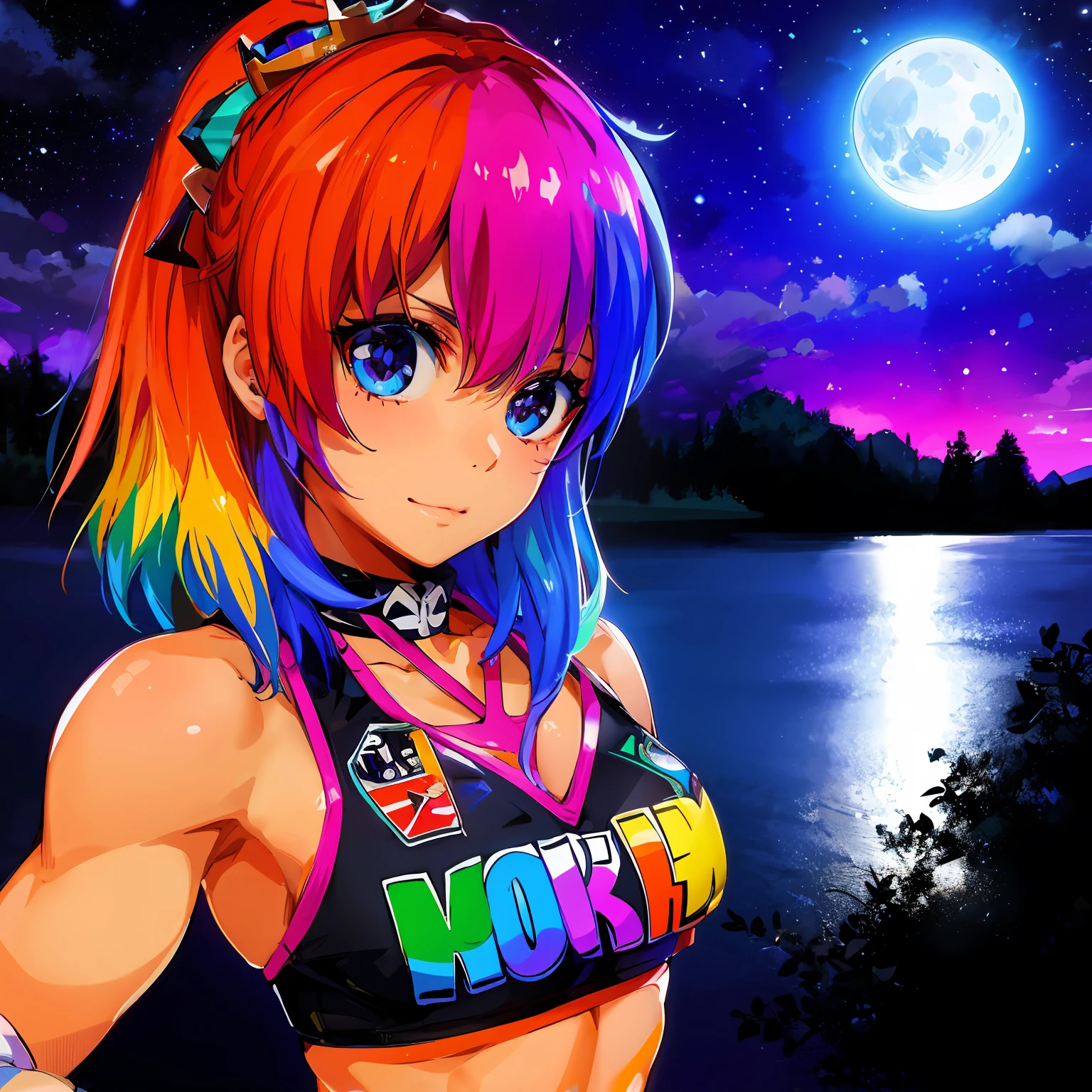 detailed Asuka WWE Brawlhalla, Asuka WWE colorful hair, deep black dark eyes, soft smiling face, wrestling clothes, wonderful night fullmoon scene, beautiful lake, enchanting, masterpiece, best quality, ultra realistic, ultra detailed textures and pixels, ultra detailed face, trending on youtube, high quality, by A-1 Pictures Studio, 8k perfect ultra detailed digital art by professionals artists lw