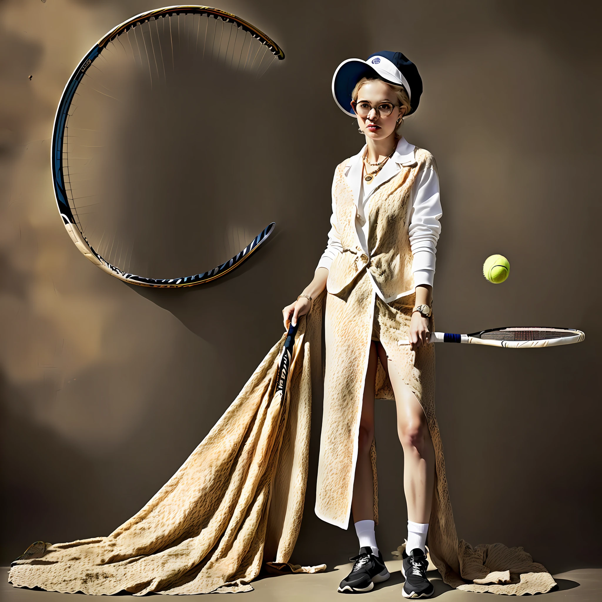 Iris Apfel in a tennis outfit holding a tennis racket, by Dietmar Damerau, alexandra fomina, on the tennis coat, by Jakob Gauermann, award winning fashion photo, by Etienne Delessert, in style of norman rockwell, by Emma Andijewska, by Jeka Kemp, tennis wear, by Steven Belledin