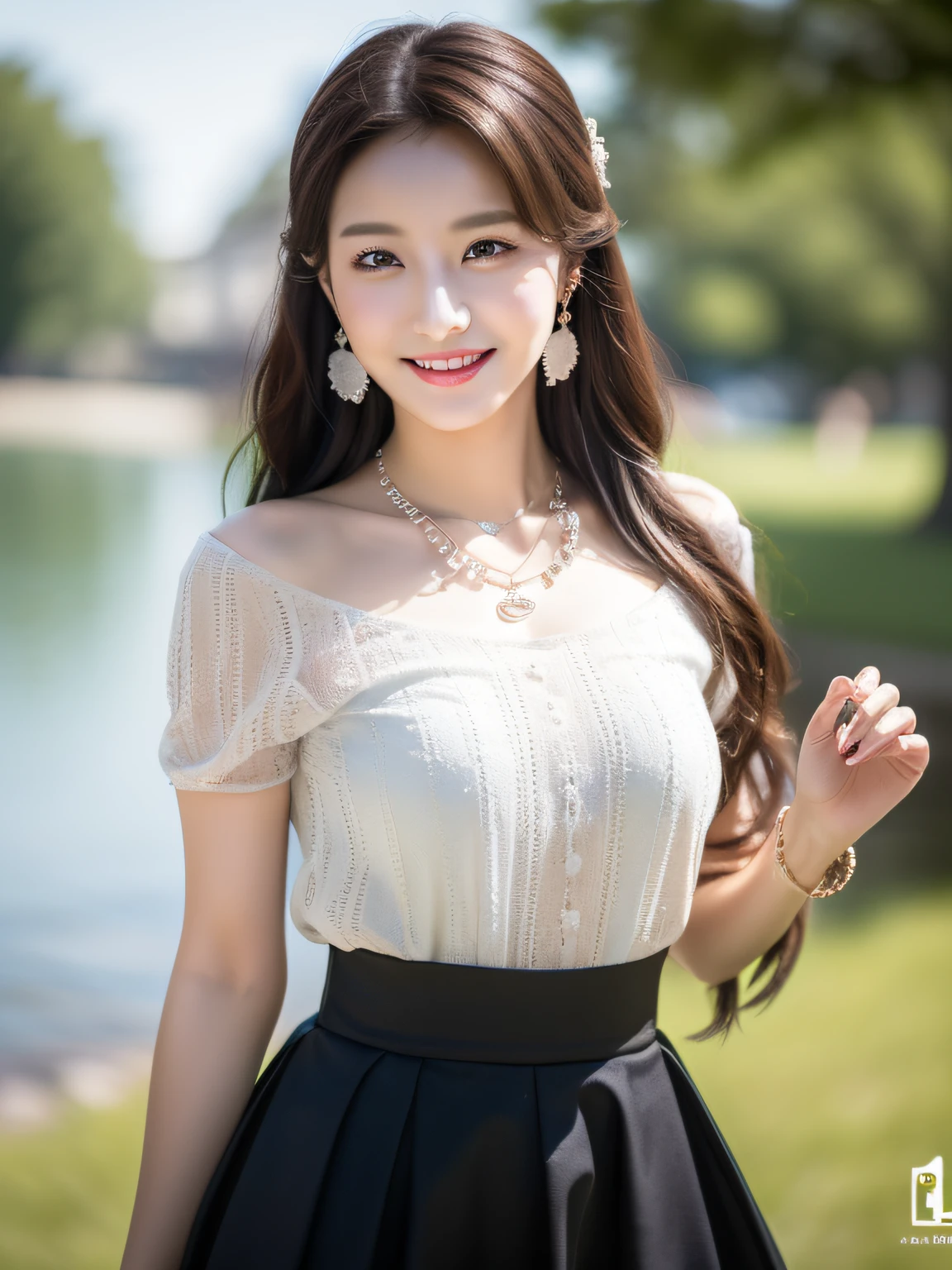 ((Best Quality, 8K, Masterpiece: 1.3)), 1girl, 1 girl, blush, (seductive smile: 0.8), hair accessory, necklace, jia, tyndall effect, realistic, light edge, two-tone lighting, (high detail skin: 1.2), 8K ultra hd, DSLR, high quality, volumetric lighting, voyeur, photo, high resolution, 4k, 8k, background bokeh, gorgeous clothes, earrings, 35mm, high detail hair, upper body, half body, portrait, ultra clear face, (lakeside, meadow), Slender beauty:1.3, (long hairstyle casual, :1.2), gorgeous skirt: 1.1, super fine face, delicate eyes, double eyelids, black and white mixed clothes, necklaces, earrings, pendants, (dresses, slip skirts, hip skirts, shirts,)