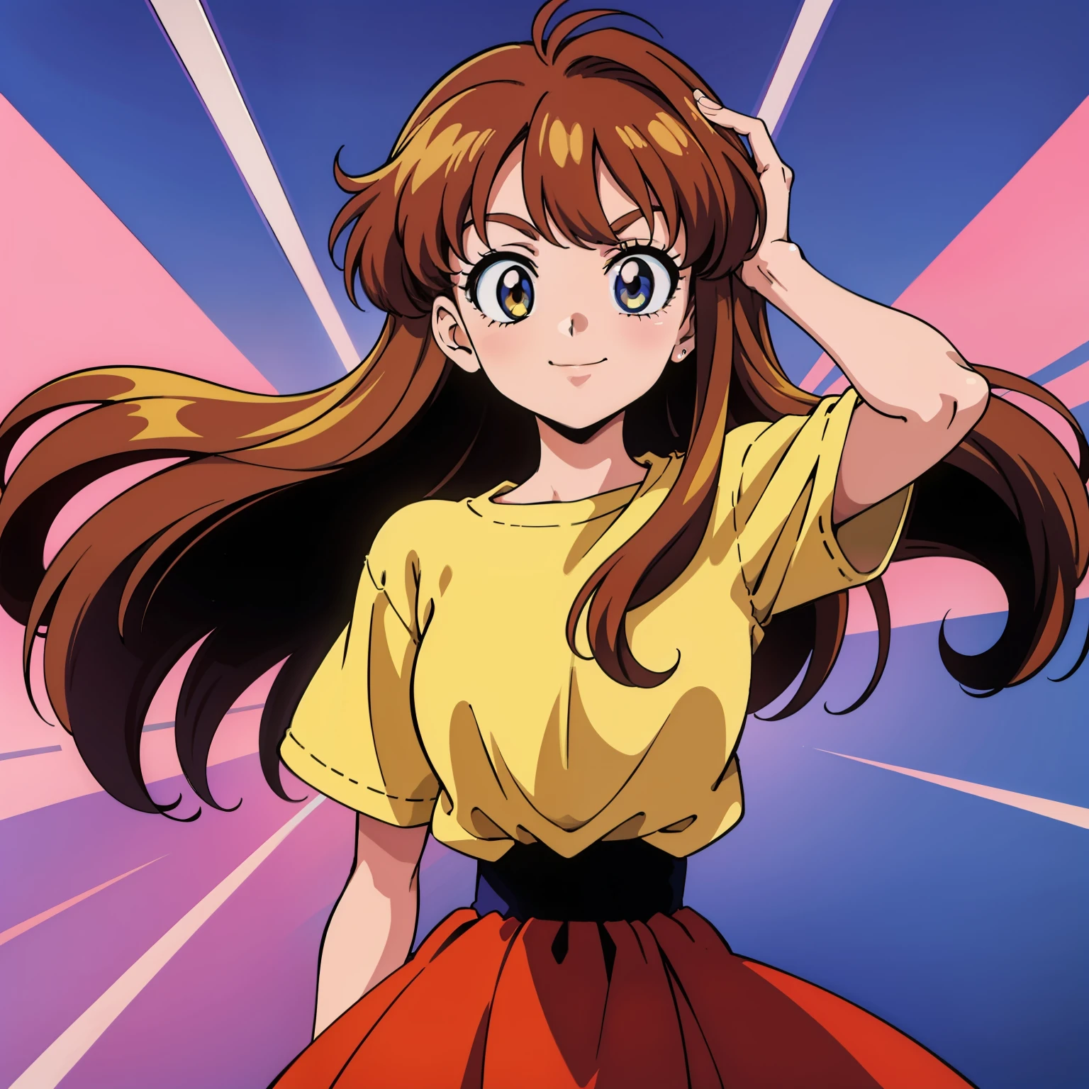Anime girl with chesnut hair at the camera, smiling, (yellow shirt and striped skirt) 80 s anime vibe, 80 s anime art style, in the art style of 80 s anime, 90 s anime aesthetic, retro anime girl, 1980's anime style, 90 s anime art style, 80 s anime style, an retro anime image，maximum quality，8K, Aesthetic,