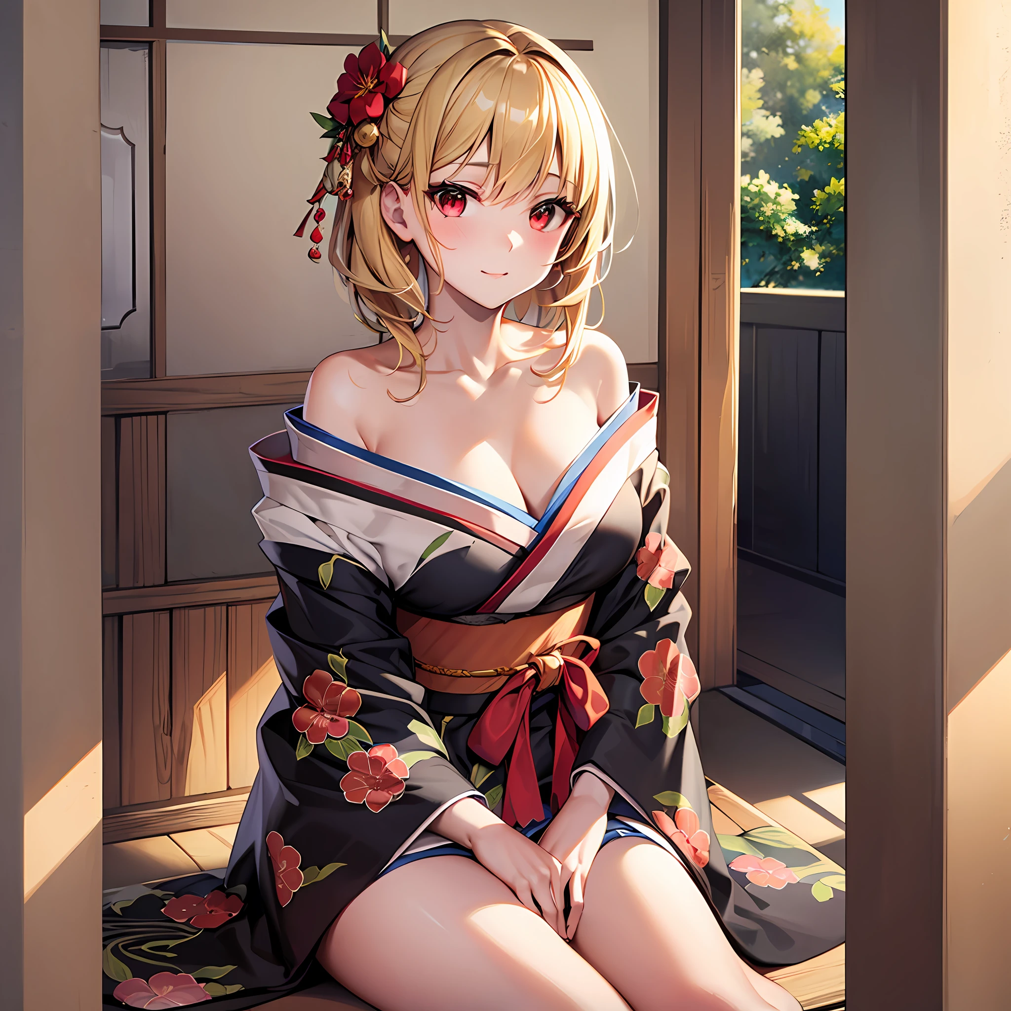 blonde girl, red eyes, kimono, off-shoulder, solo, sitting, sun, sunlight, cherry