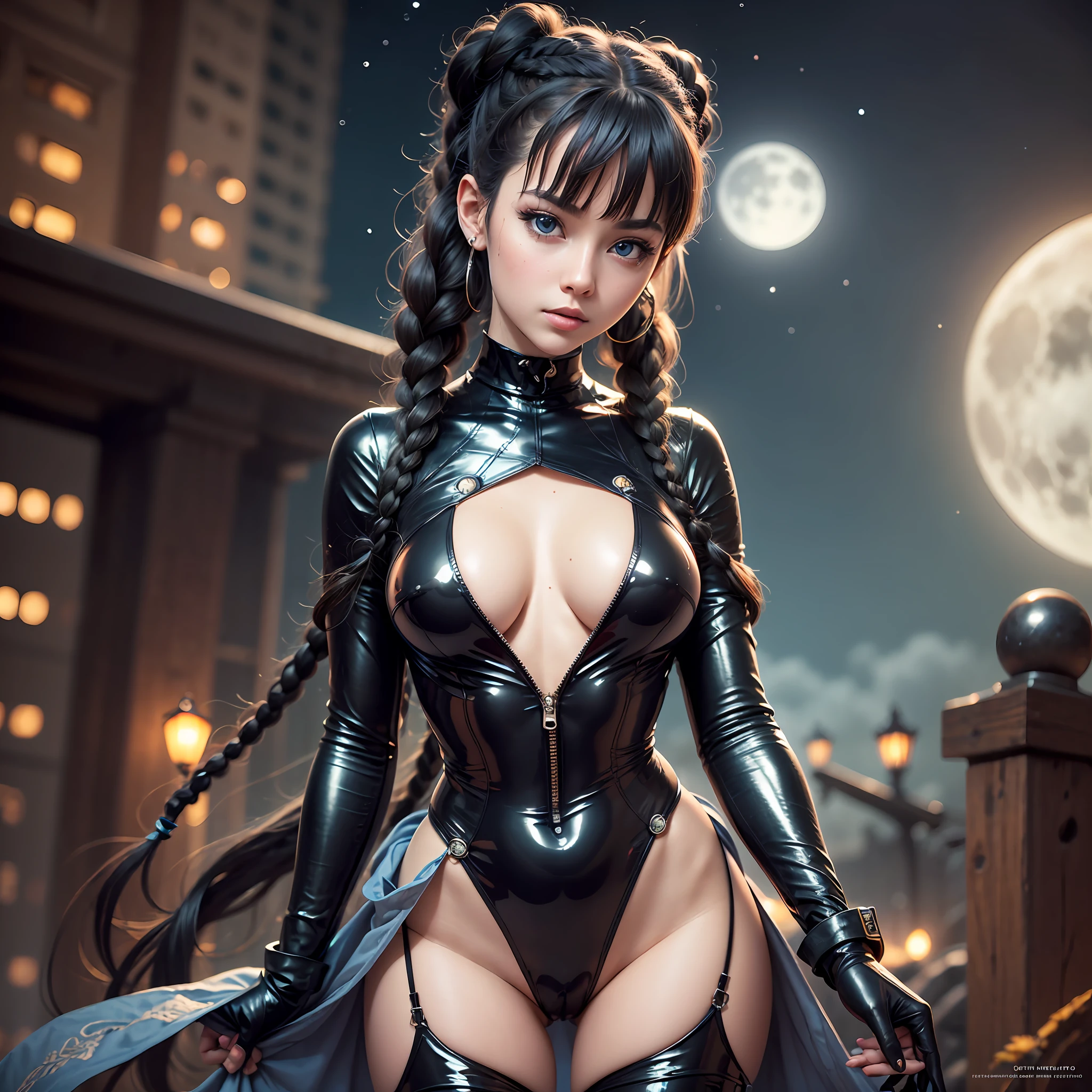 (Masterpiece, Best Quality, Hi-Res: 1.4), Detail, Intricate Detail, 4K, Professional Lighting, Black Hair Girl with Braids, Black Shiny Bodysuit, White Skin, Full Moon, Night Graveyard, Blue Eyes, Small, Slender