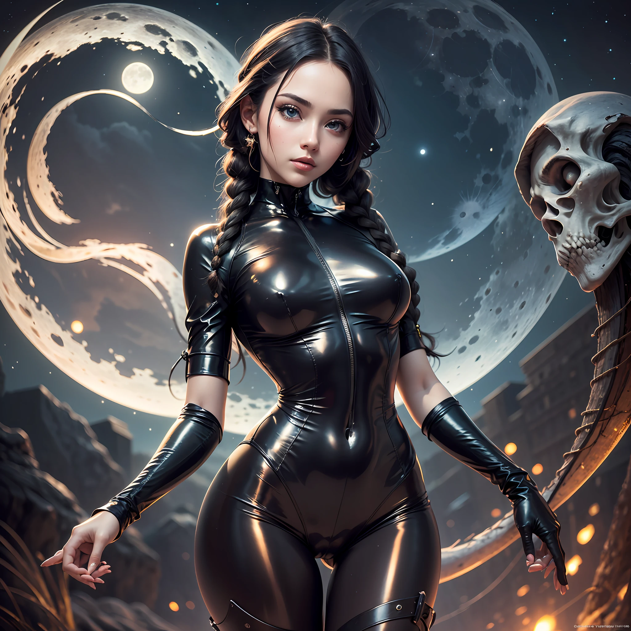 (Masterpiece, Best Quality, Hi-Res: 1.4), Detail, Intricate Detail, 4K, Professional Lighting, Black Hair Girl with Braids, Black Shiny Bodysuit, White Skin, Full Moon, Night Graveyard, Blue Eyes, Small, Slender