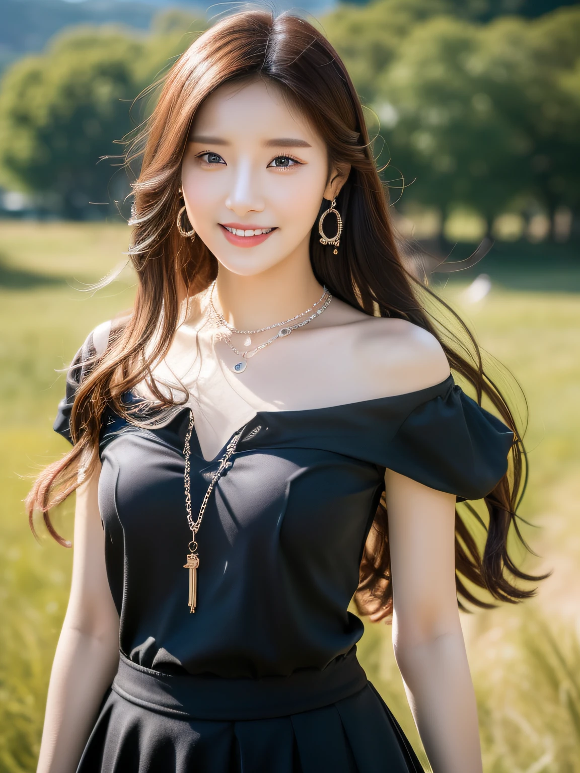 ((Best Quality, 8K, Masterpiece: 1.3)), 1girl, 1 girl, blush, (seductive smile: 0.8), hair accessory, necklace, jia, tyndall effect, realistic, light edge, two-tone lighting, (high detail skin: 1.2), 8K ultra hd, DSLR, high quality, volumetric lighting, voyeur, photo, high resolution, 4k, 8k, background bokeh, gorgeous clothes, earrings, 35mm, high detail hair, upper body, half body, portrait, ultra clear face, (lakeside, meadow), Slender beauty: 1.3, (long hairstyle casual, :1.2), gorgeous skirt: 1.1, super fine face, delicate eyes, double eyelids, black and white mixed clothes, necklaces, earrings, pendants, (dresses, slip skirts, hip skirts, shirts,) light and shadow, high detail light and shadow,