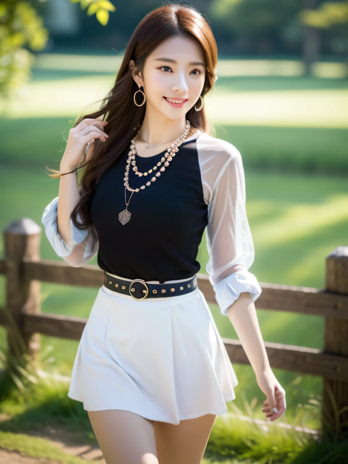 ((Best Quality, 8K, Masterpiece: 1.3)), 1girl, 1 girl, blush, (seductive smile: 0.8), hair accessory, necklace, jia, tyndall effect, realistic, light edge, two-tone lighting, (high detail skin: 1.2), 8K ultra hd, DSLR, high quality, volumetric lighting, voyeur, photo, high resolution, 4k, 8k, background bokeh, gorgeous clothes, earrings, 35mm, high detail hair, upper body, half body, portrait, ultra clear face, (lakeside, meadow), Slender beauty: 1.3, (long hairstyle casual, :1.2), gorgeous skirt: 1.1, super fine face, delicate eyes, double eyelids, black and white mixed clothes, necklaces, earrings, pendants, (dresses, slip skirts, hip skirts, shirts,) light and shadow, high detail light and shadow,