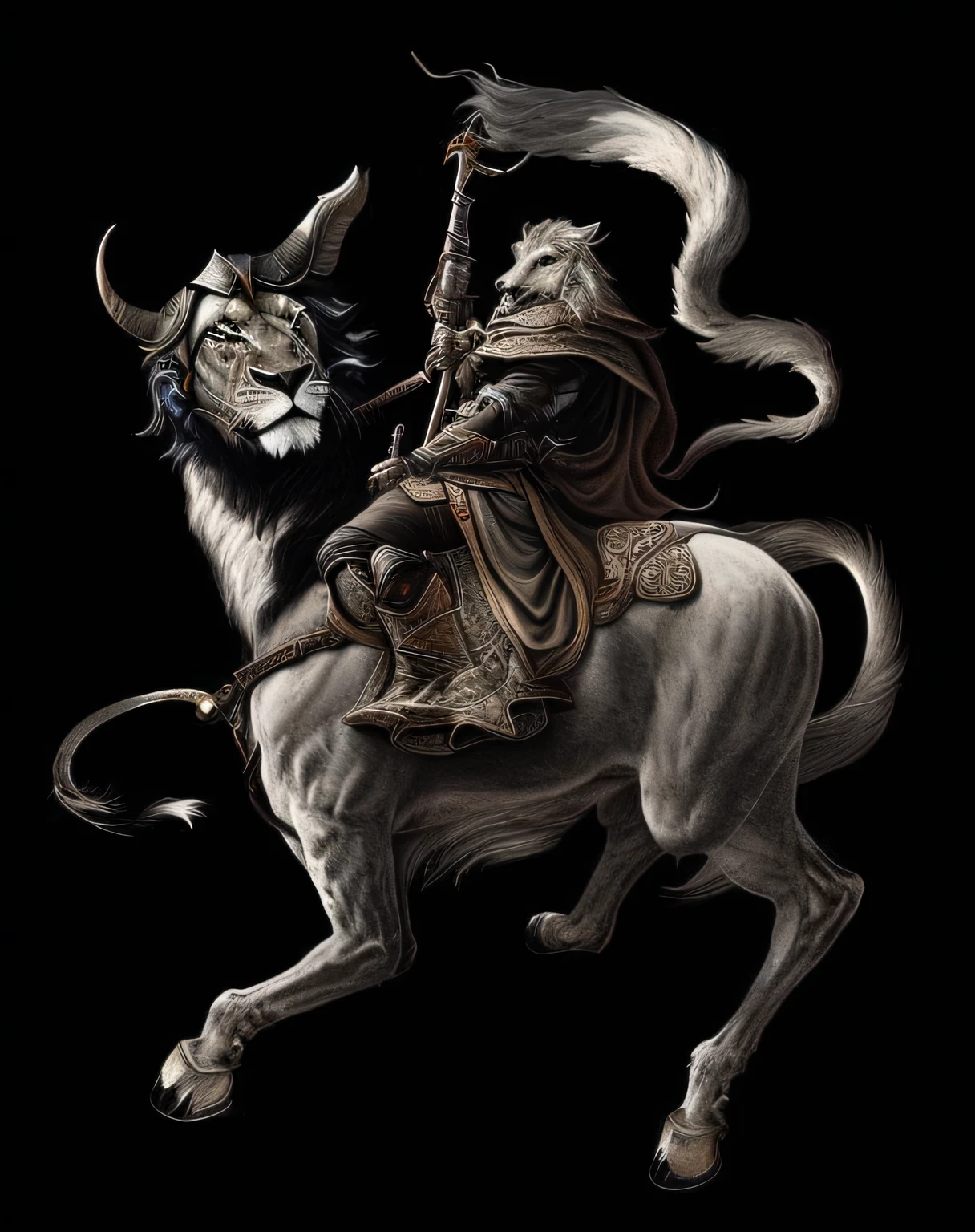 arafed image of a man riding a horse with a lion, tiefling, tiefling from d & d, cosmic tiefling d&d, dark high-contrast concept art, male centaur centaur chimera, the man riding is on the lion, tiefling bard, tiefling rogue, alluring tiefling druid, attractive tiefling druid
