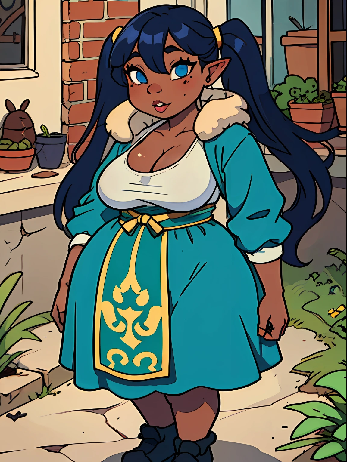 goblin, goblin girl, blue hair, very long hair, dark_ skin, dark skin goblin, wide body, very dark skin girl, small stature, very chubby, cute goblin, huge breast, very large breast, hair between eyes, twintails, chubby, chubby girl, chubby girl goblin, wide hips, blue eyes, mole, mole on chest, age up, lips, big lips, thick eyebrows, body with fur, short girl, short goblin girl twintails, short girl, fat, dress, traditional clothes, mexican dress,