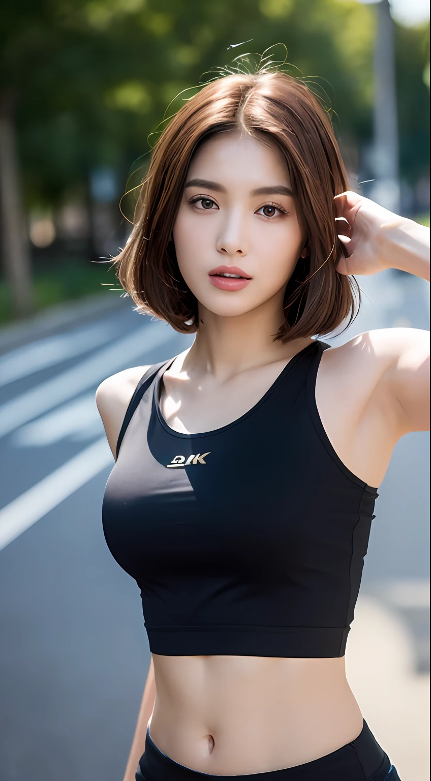 ((Realistic lighting, top quality, 8K, Masterpiece: 1.3)), Clear Focus: 1.2, 1 girl, Perfect figure: 1.4, Slim abs: 1.1, ((Dark Brown Hair)), (Crop Top with Logo: 1.4), (Outdoor, Night: 1.1), Street, Ultra Slender Face, Narrow Eyes, Double Eyelids,