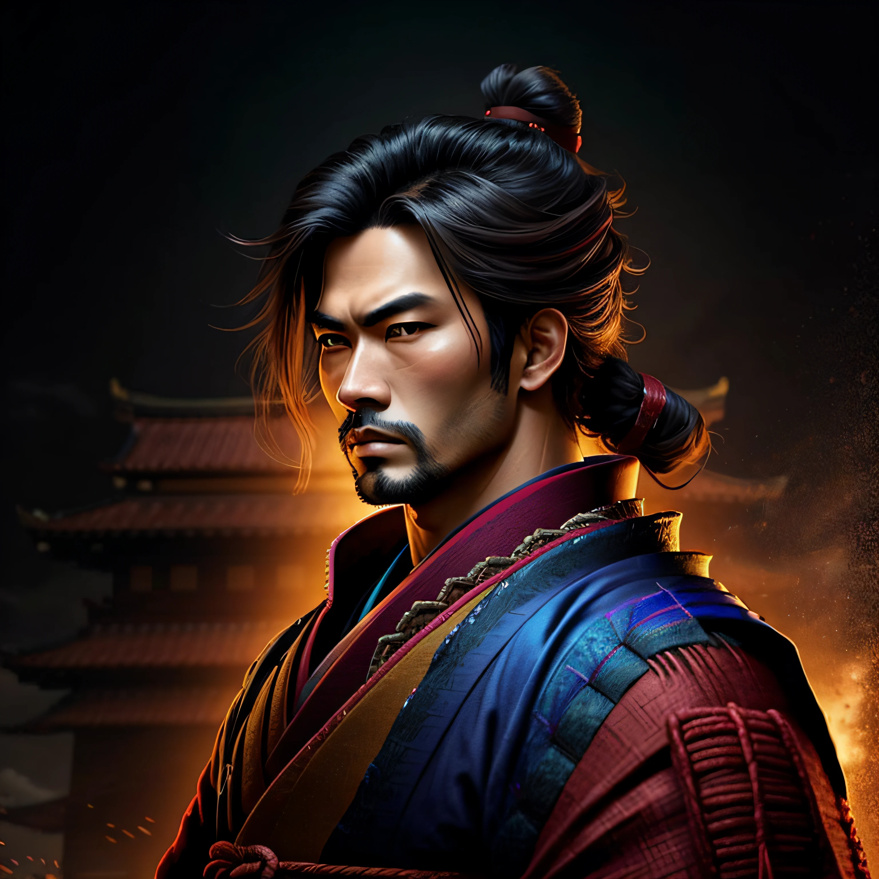 An ancient male samurai, with a short beard and long straight hair, 
yang08k, photography, beautiful, black background, colorful,
Prize-works, top quality, best quality, official art, beautiful and aesthetic, realistic,