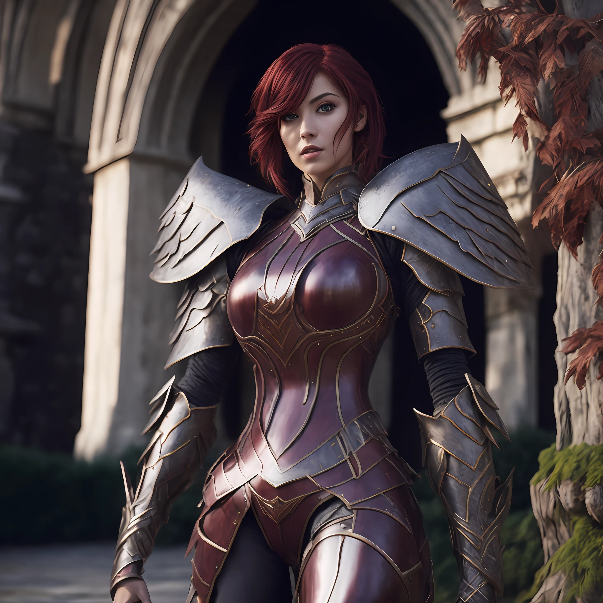 arafed woman in armor standing in front of a building, redhead queen in heavy red armor, female redhead templar, lady in red armor, stunning armor, wearing fantasy armor, beautiful female knight, female armor, redwood forest themed armor, girl in knight armor, black and reddish color armor, female knight, gorgeous female paladin, very stylish fantasy armor