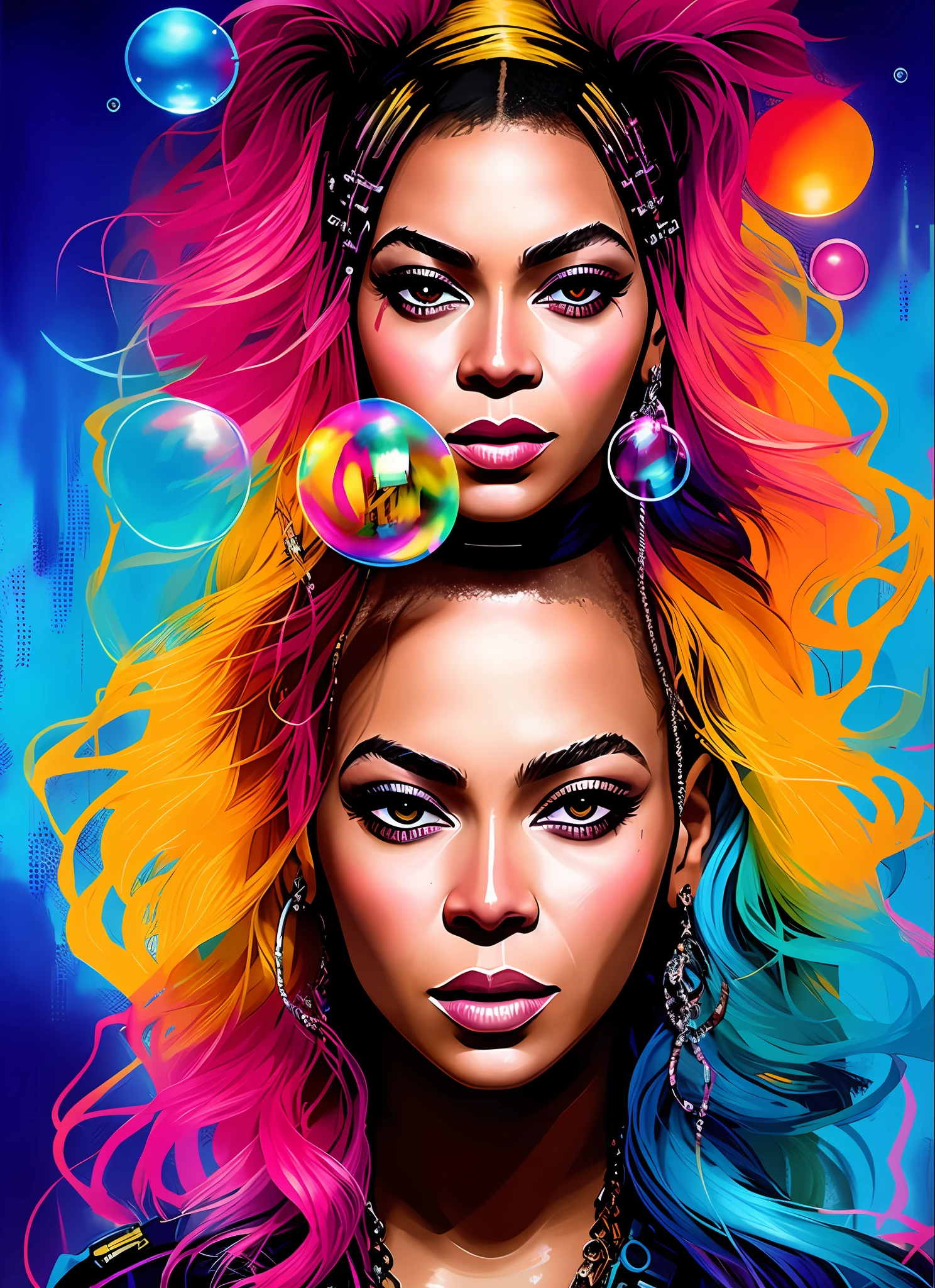 SynthwaveDrunken Beautiful Beyoncé como Delirium de Sandman, (Hallucinating Colorful Soap Bubbles), de Jeremy Mann, de Sandra Chevrier, de Dave McKean e Richard Avedon e Maciej Kuciara, punk rock, Tank Girl, High Detailed, 8K