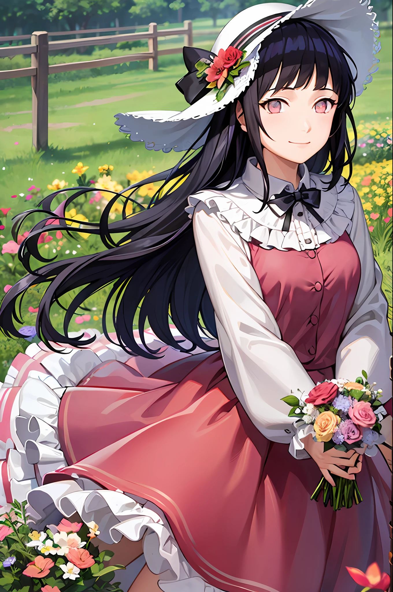 masterpiece, best quality, 1girl, solo, long_hair, looking_at_viewer, smile, bangs, skirt, shirt, long_sleeves, hat, dress, bow, holding, closed_mouth, flower, frills, hair_flower, petals, bouquet, holding_flower, center_frills, bonnet, holding_bouquet, flower field, flower field,