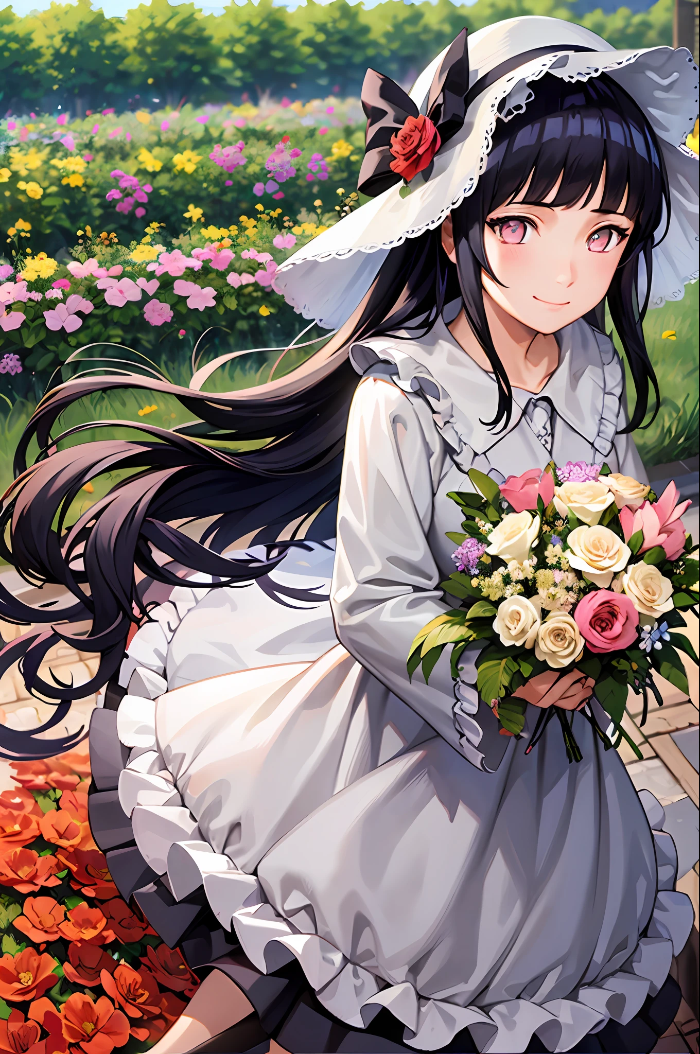 masterpiece, best quality, 1girl, solo, long_hair, looking_at_viewer, smile, bangs, skirt, shirt, long_sleeves, hat, dress, bow, holding, closed_mouth, flower, frills, hair_flower, petals, bouquet, holding_flower, center_frills, bonnet, holding_bouquet, flower field, flower field,