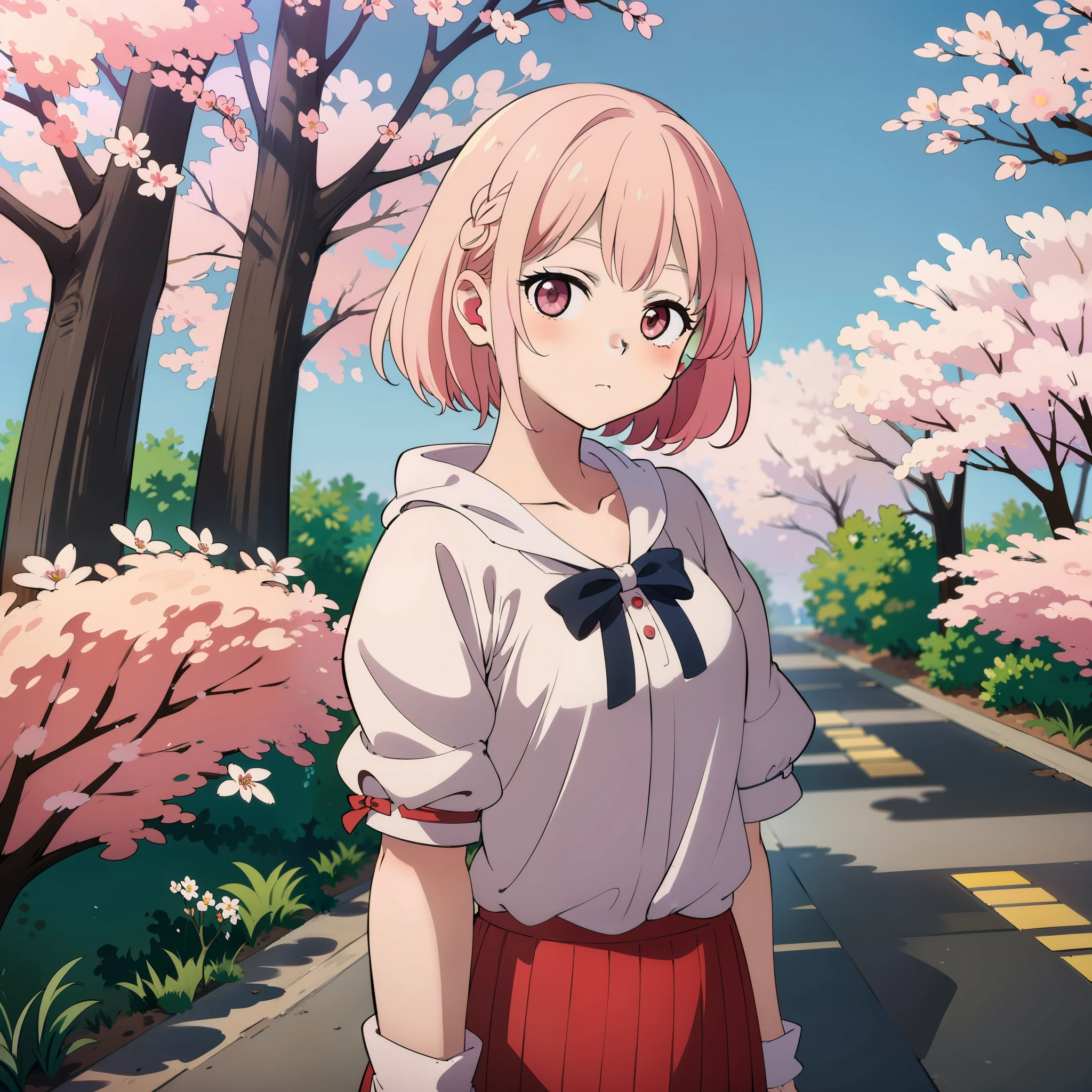 (^ω^) An adorable anime girl with pastel-colored hair and a cute outfit, standing in a dreamy landscape filled with blooming cherry blossoms. (♡ω♡ )