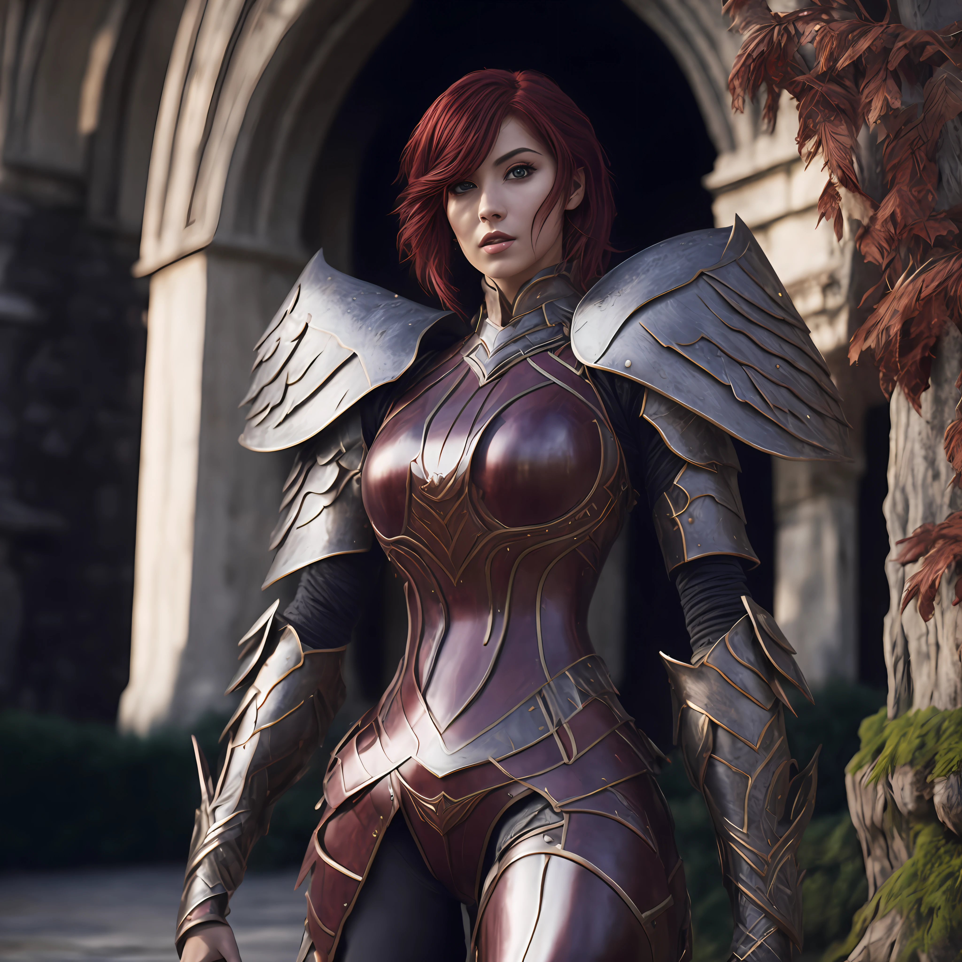 arafed woman in armor standing in front of a building, redhead queen in heavy red armor, female redhead templar, lady in red armor, stunning armor, wearing fantasy armor, beautiful female knight, female armor, redwood forest themed armor, girl in knight armor, black and reddish color armor, female knight, gorgeous female paladin, very stylish fantasy armor