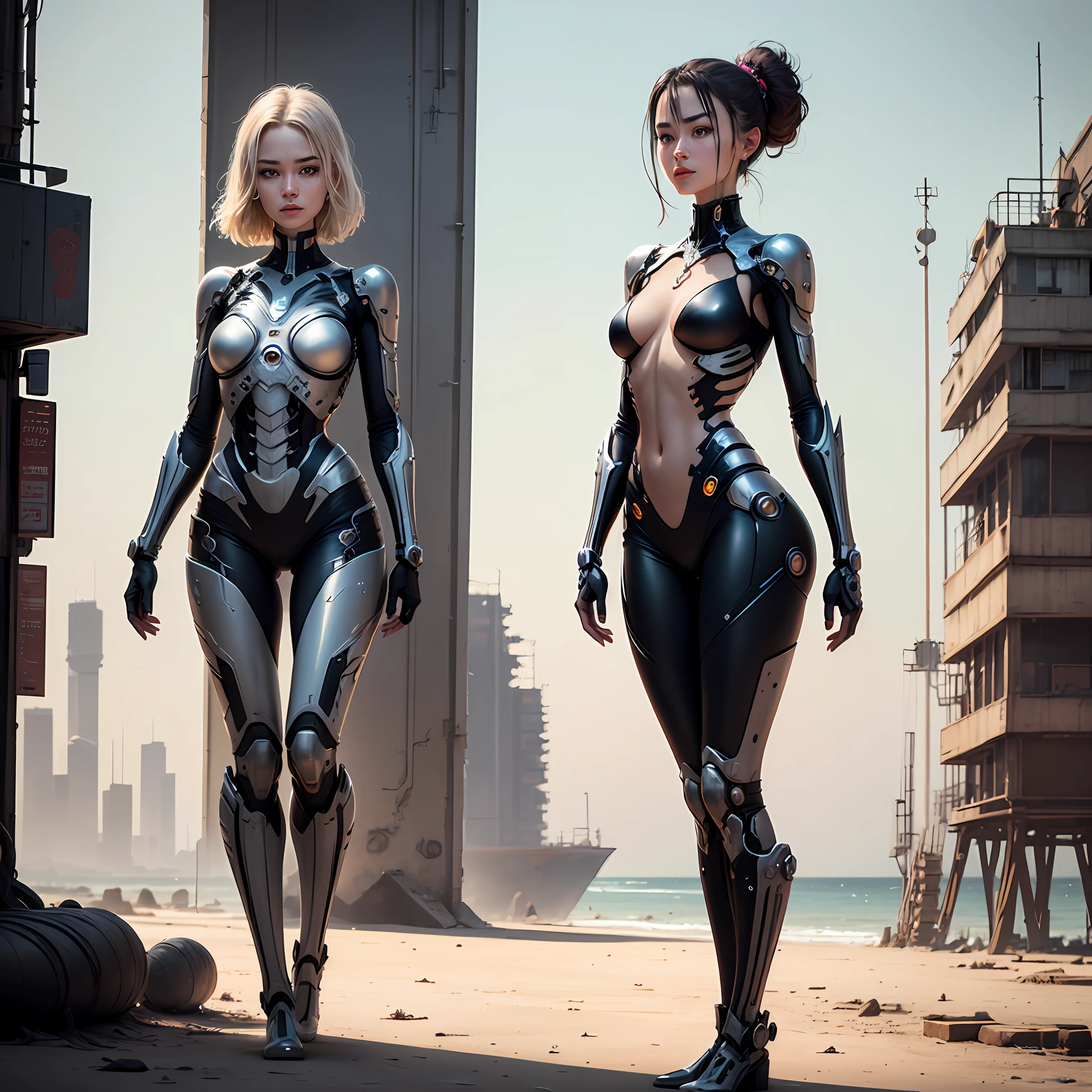 Best quality, delicate face, 25-year-old girl, slim body, body made of metal, small bust, metal structural skeleton, seaside, standing posture, beach, huge spaceship floating in the air, cyberpunk, sci-fi --auto