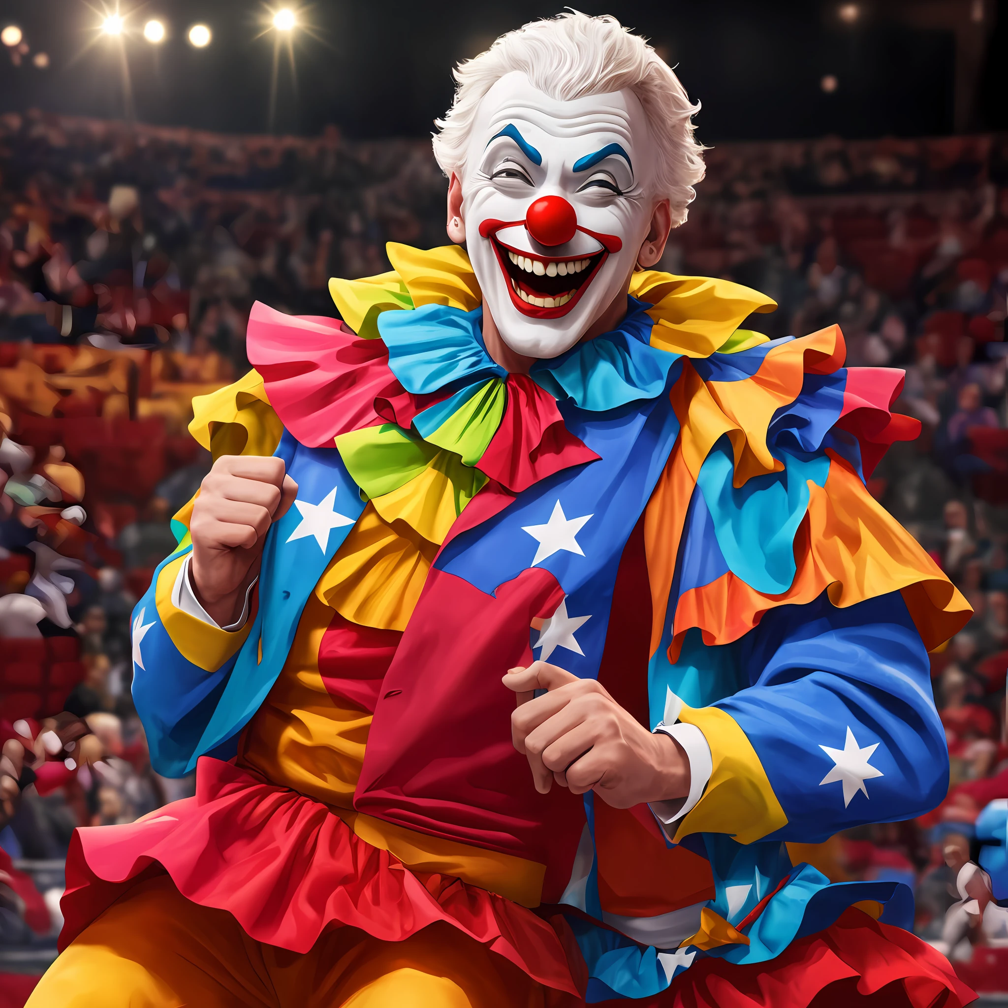 THE HAPPY CLOWN, FROM THE ARENA, PLEASES THE AUDIENCE, WITH HIS PERALTICES. ULTRA REALISTIC, ULTRA HIGH RESOLUTION. 8K. MANY COLORS --auto