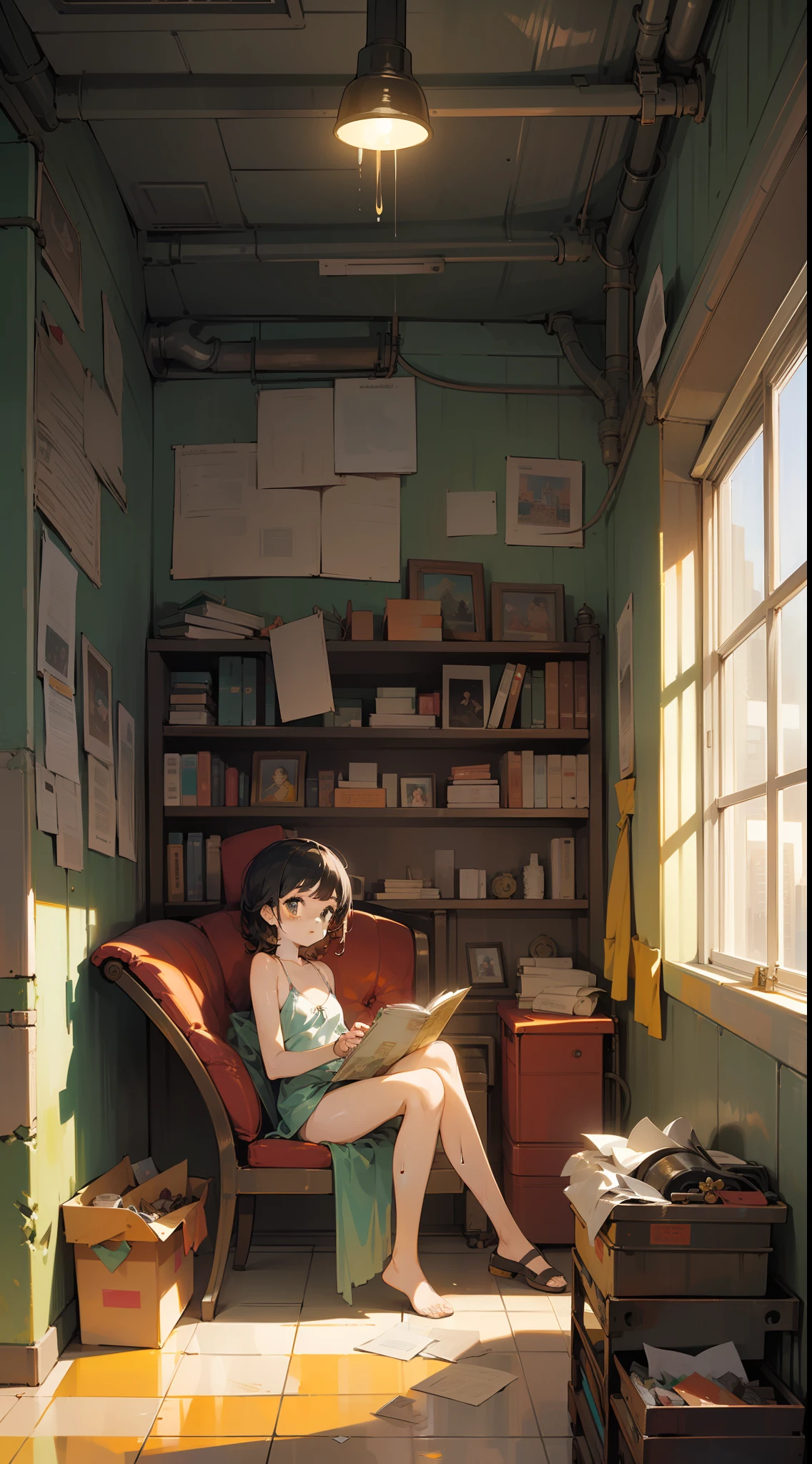 (masterpiece),(illustration with very saturated pulp color), (vintage worn paper edges), (full shot view of the image), a very young girl with an innocent face in a bikini sitting in an armchair, in the background a futuristic city, orange afternoon light, wet floor reflecting, dirt, garbage on the floor, stacked boxes, metal shelves full of things, pipes in the walls