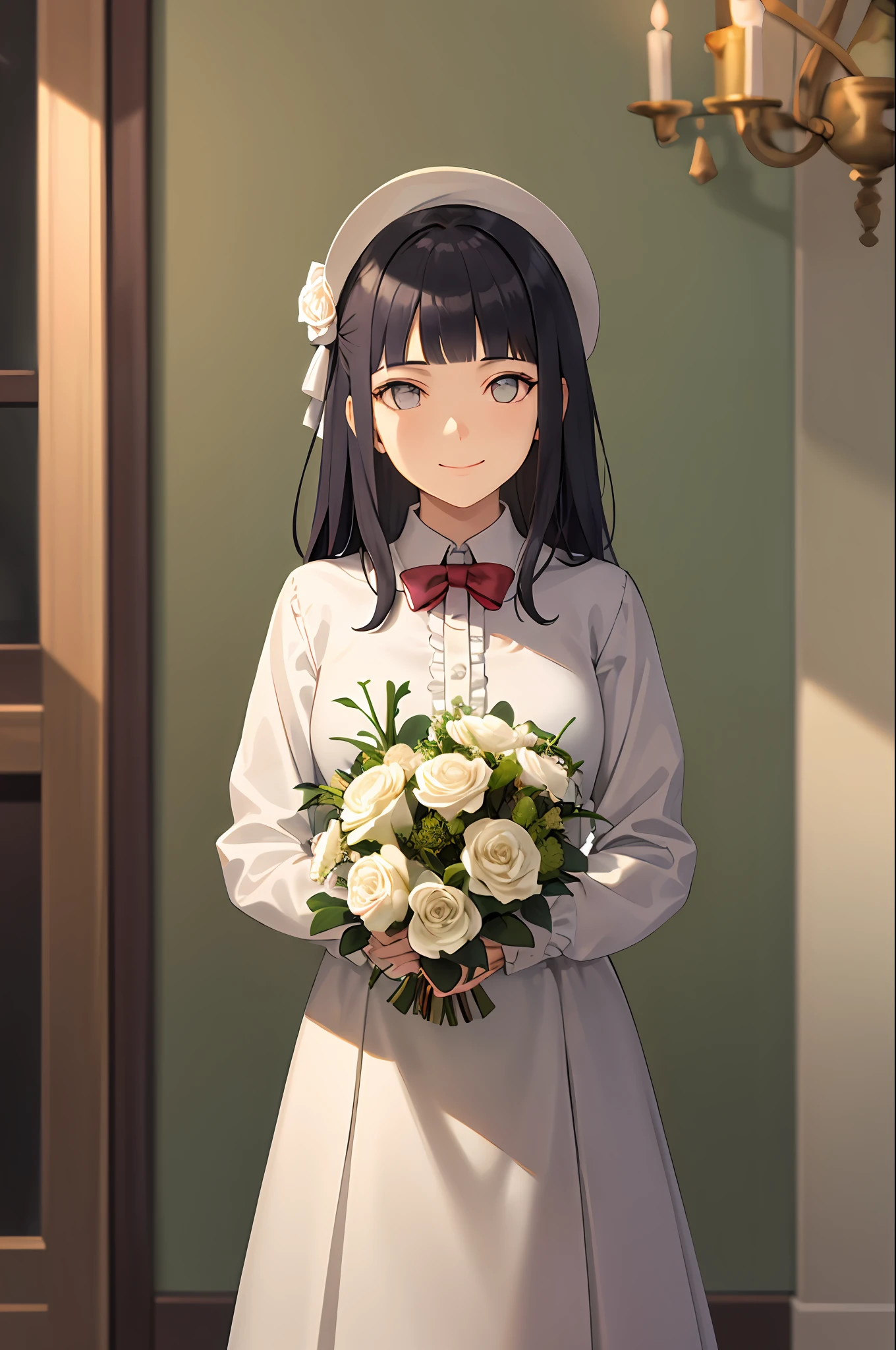 masterpiece, best quality, 1girl, solo, long_hair, looking_at_viewer, smile, bangs, skirt, shirt, long_sleeves, hat, dress, bow, holding, closed_mouth, flower, frills, hair_flower, petals, bouquet, holding_flower, center_frills, bonnet, holding_bouquet, flower field, flower field,