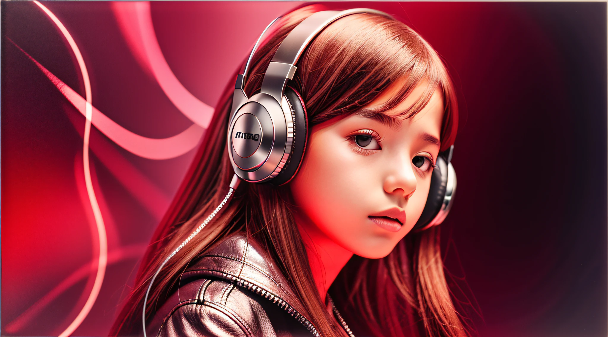GIRL child 12 years old, RUSSIAN BLONDE long hair and headphones, portrait, SILVER LEATHER JACKET, VINYL AND CDS red background.