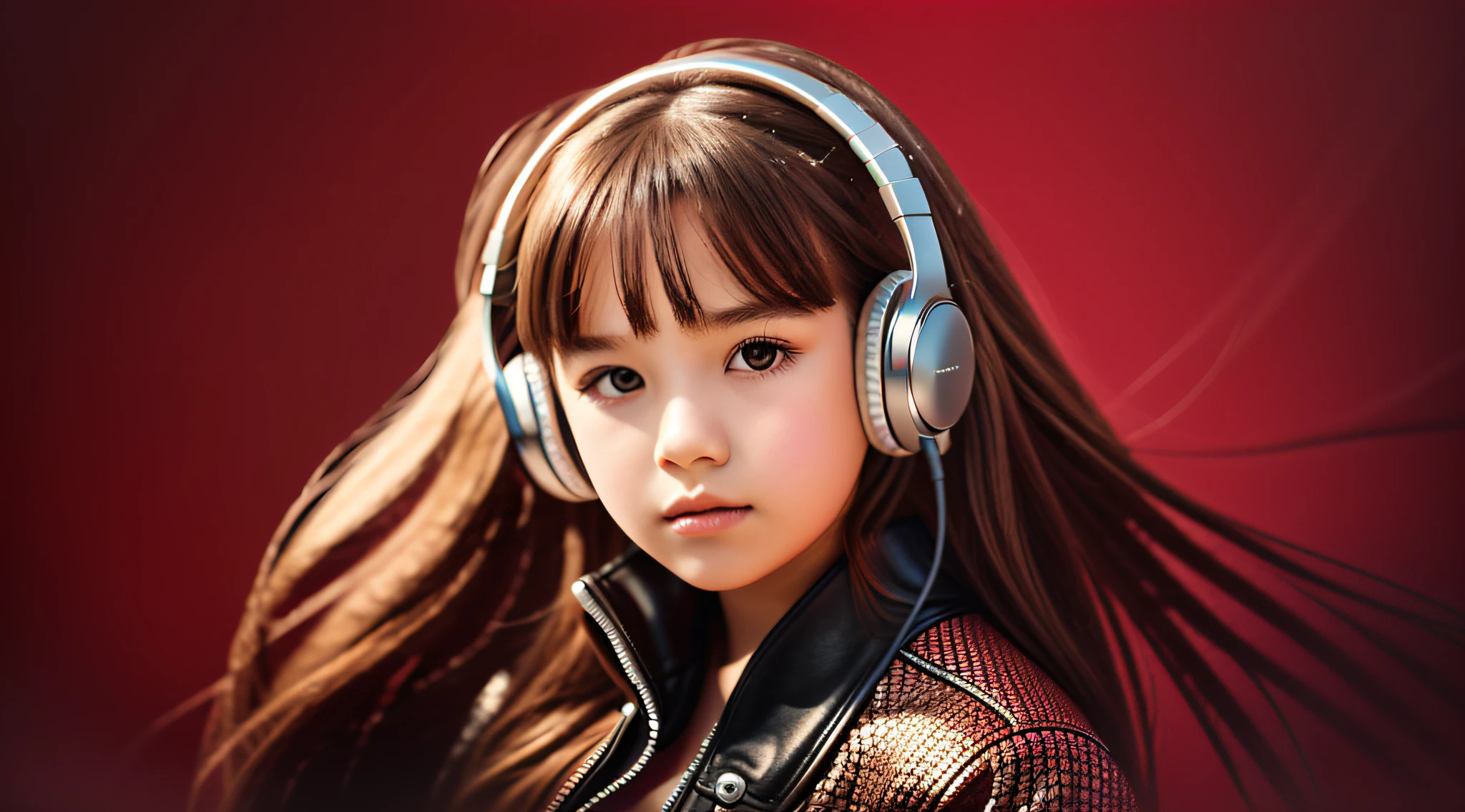 GIRL child , RUSSIAN BLONDE long hair and headphones, portrait, SILVER LEATHER JACKET, VINYL AND CDS red background.
