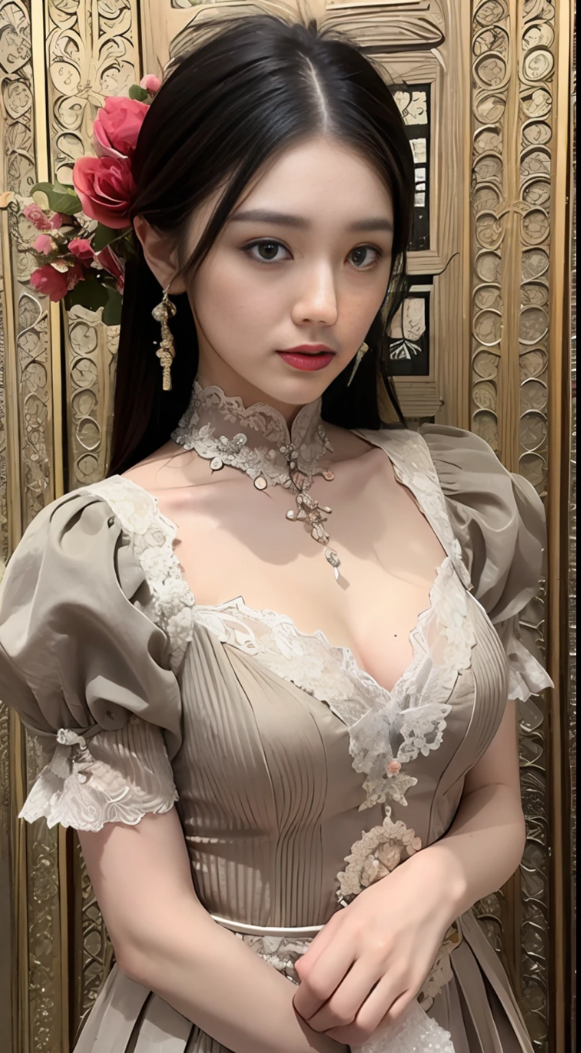 A dress with a Chinese style, the neckline of the dress is not too low lace elements and the lace elements of the cuffs are dark patterns are traditional moire, details such as pleats, embroidery, beads, silk, crepe, knee-length or length, and bows or flowers are added at the waist or neckline