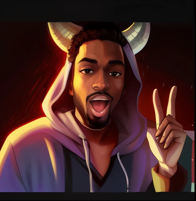 A cartoon image of a man with horns and a hood, mkbhd, meme model, mkbhd pencil drawing, ((saturated)), internet meme, with horns, digital art. @mariomaniacdude, memes, #1 digital painting of all time, #1 digital painting of all time, meme, tongue out
