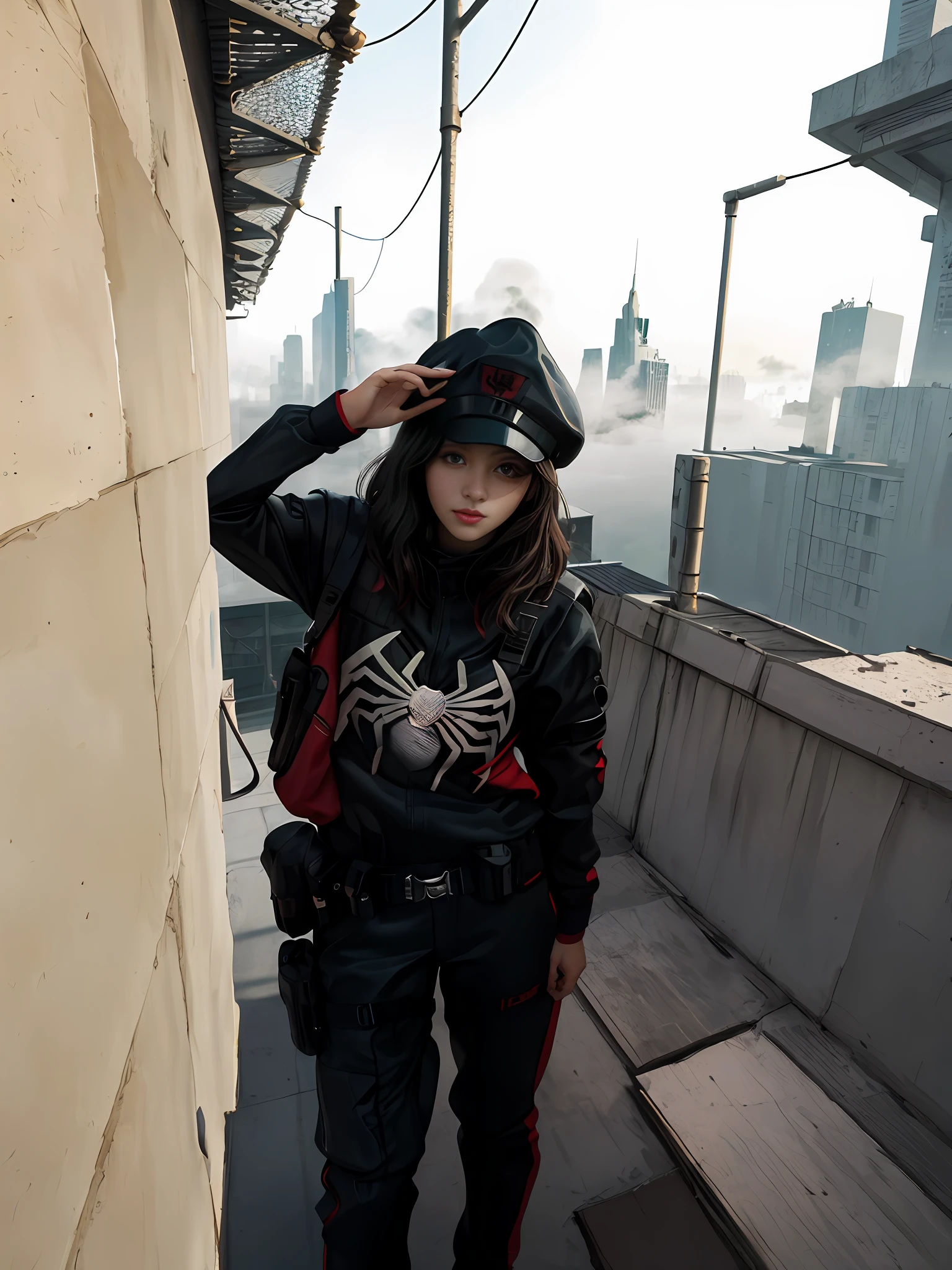 (1girl:1.3), Solo, (((Very detailed face)))), ((Very detailed eyes and face)))), Beautiful detail eyes, Body parts__, Official art, Unified 8k wallpaper, Super detailed, beautiful and beautiful, beautiful, masterpiece, best quality, original, masterpiece, super fine photo, best quality, super high resolution, realistic realism, sunlight, full body portrait, amazing beauty, dynamic pose, delicate face, vibrant eyes, (from the front), She wears Spider-Man suit, red and black color scheme, spider, very detailed city roof background, rooftop, overlooking the city, detailed face, detailed complex busy background, messy, gorgeous, milky white, highly detailed skin, realistic skin details, visible pores, clear focus, volumetric fog, 8k uhd, DSLR, high quality, film grain, fair skin, photo realism, lomography, futuristic dystopian megalopolis, translucent