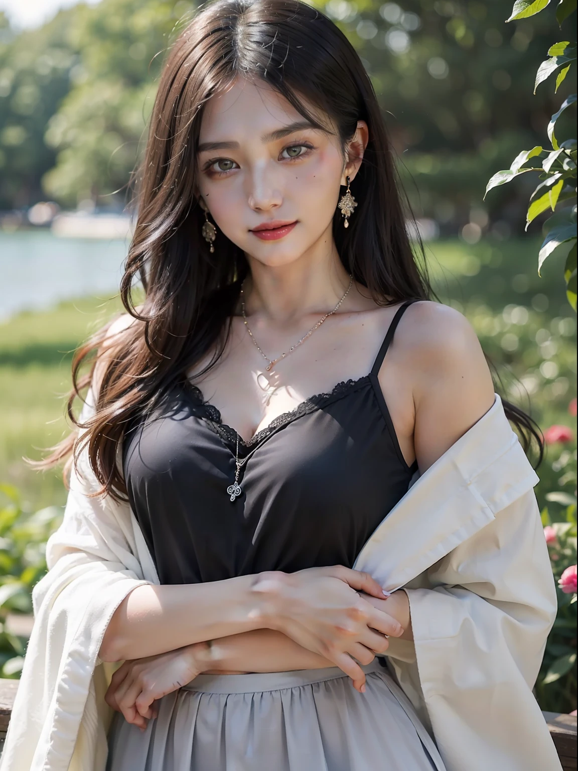 ((Best Quality, 8K, Masterpiece: 1.3)), 1girl, 1 girl, blush, (seductive smile: 0.8), hair accessory, necklace, jia, tyndall effect, realistic, light edge, two-tone lighting, (high detail skin: 1.2), 8K ultra hd, DSLR, high quality, volumetric lighting, voyeur, photo, high resolution, 4k, 8k, background bokeh, gorgeous clothes, earrings, 35mm, high detail hair, upper body, half body, portrait, ultra clear face, (lakeside, meadow), Slender beauty: 1.3, (long hairstyle casual, :1.2), gorgeous skirt: 1.1, super fine face, delicate eyes, double eyelids, black and white mixed clothes, necklaces, earrings, pendants, (dresses, slip skirts, hip skirts, shirts,) light and shadow, high detail light and shadow,