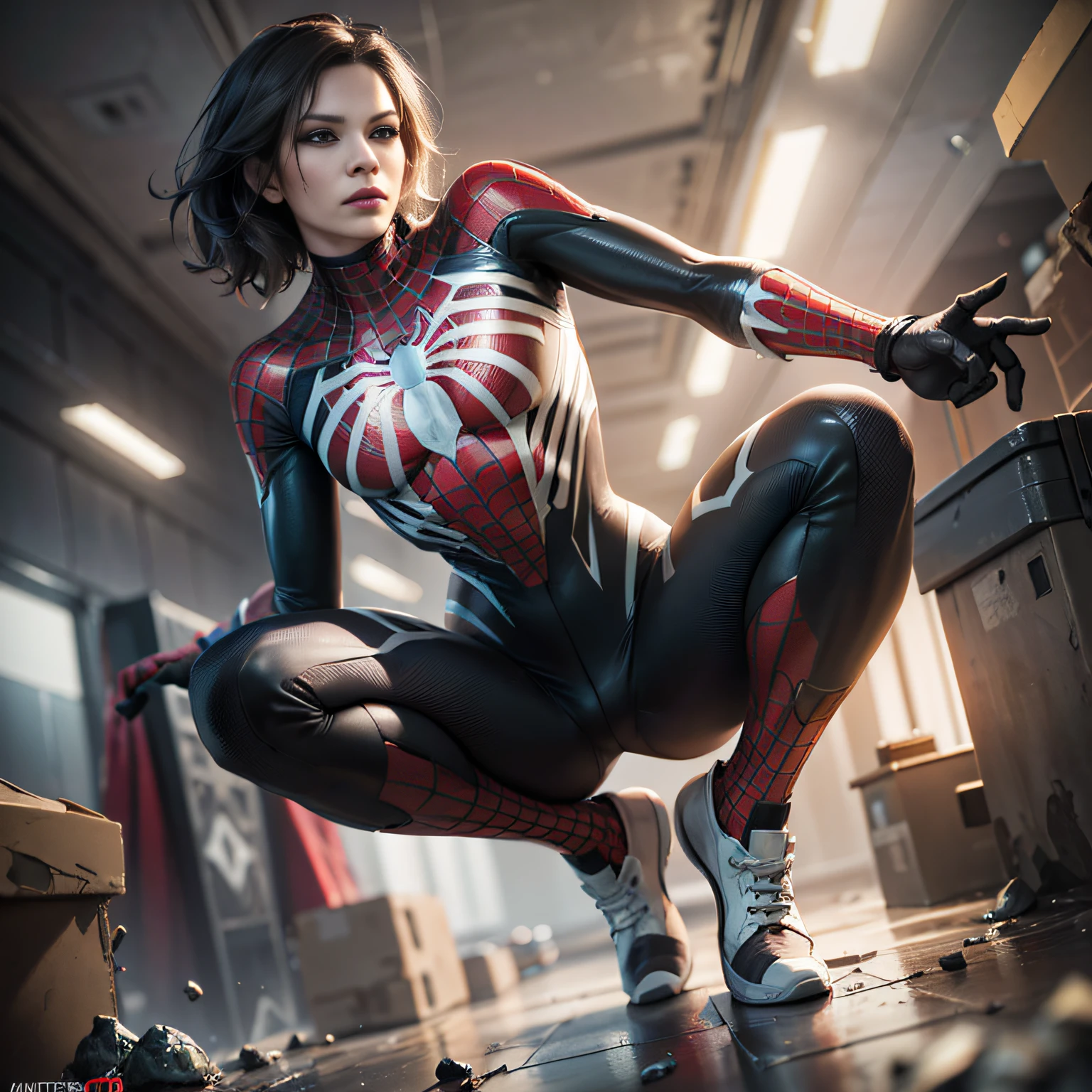 spider - man in black and red suit crouches, ( ( ( spiderwoman ) ), lara croft as spiderwoman, spider woman, inspired by Marek Okon, trending on artstation hd, exquisite highly detailed fanart, by Jason Chan, ultra realistic concept art, trending on artstation 8k, wojtek fus, photorealistic concept art