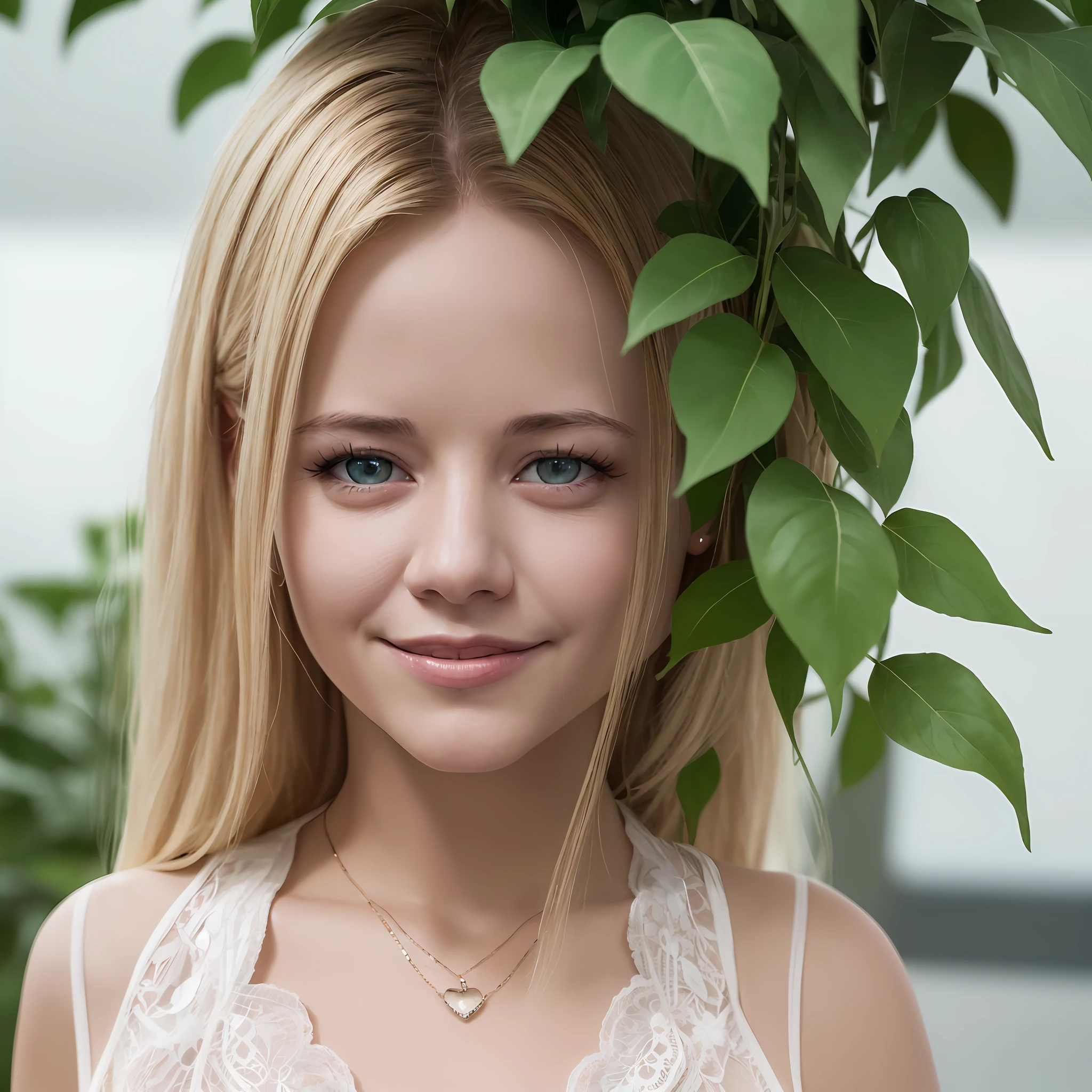 (8K), (Best Quality: 1.2), (Realistic), (Photorealistic), (Photorealistic: 1.37), Ultra Detailed, (Kissing), One Girl, Cute, Meg Ryan Lookalike, Smile, Long Hair, Green Plants, Beautiful Eyes in Every Detail, Beautiful Nose, Full Body, Big, Women, White Hair --auto