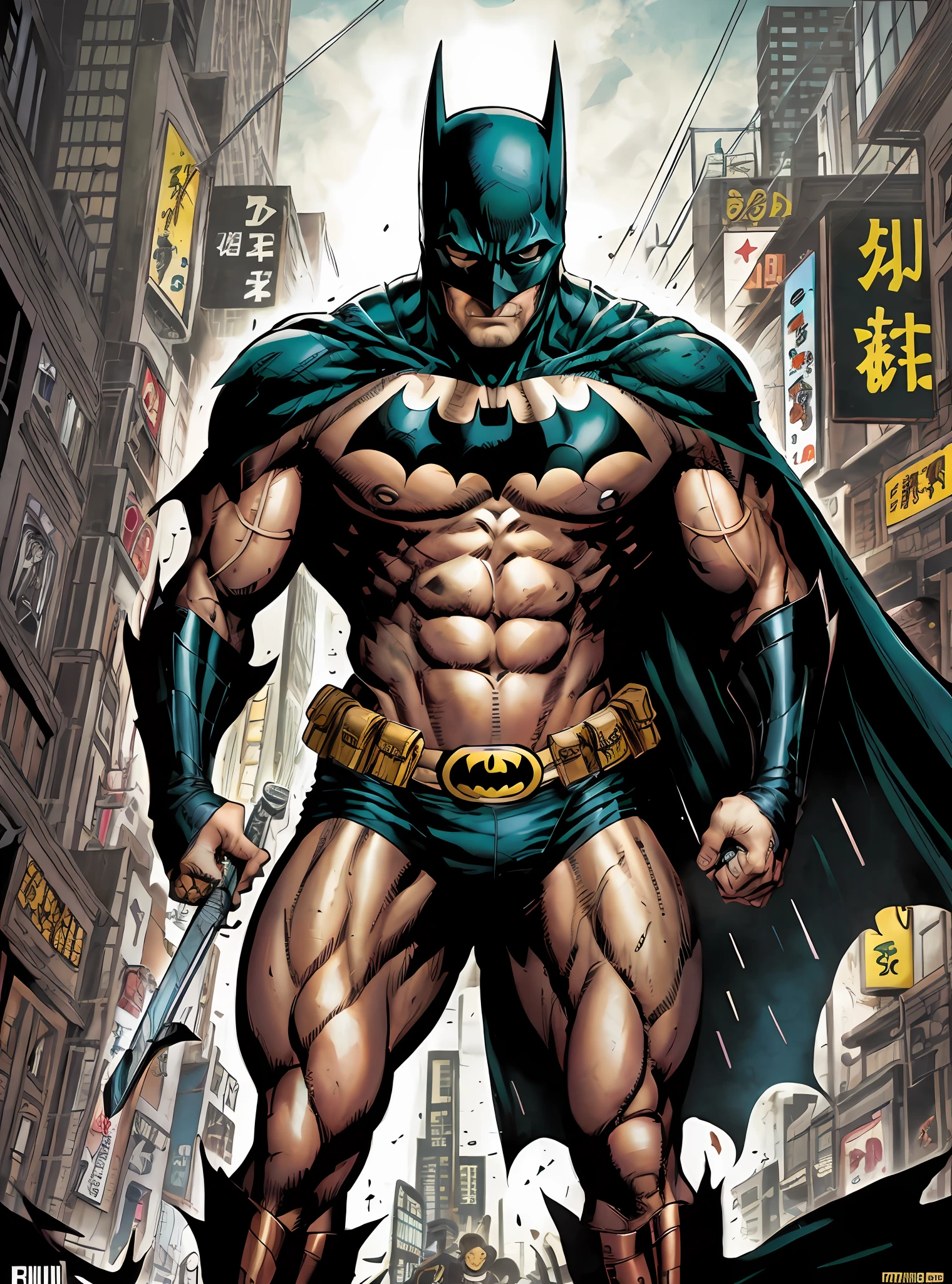 batman standing in the middle of a city with a sword, jason fabok, in batman comic book, inspired by Jim Lee, jason fabok. greg staples, neal adams | centered, portrait of batman, in batman comics, david finch, batman, batman portrait, neal adams | portrait, neal adams | dark, the batman, batman with guns