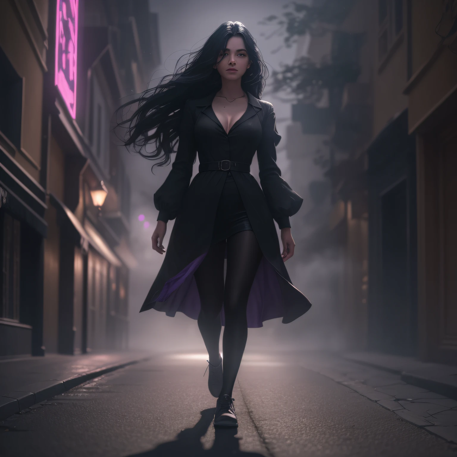 Woman walking head-on down a road at night, with fog and shadows, wavy and long black hair, detailed hand and fingers, high quality, ultra-detailed, 8k, masterpiece, (volumetric lighting), black magic, fanciful, lilac colors, purple, black and vivid shadows on the woman's return. --auto --s2