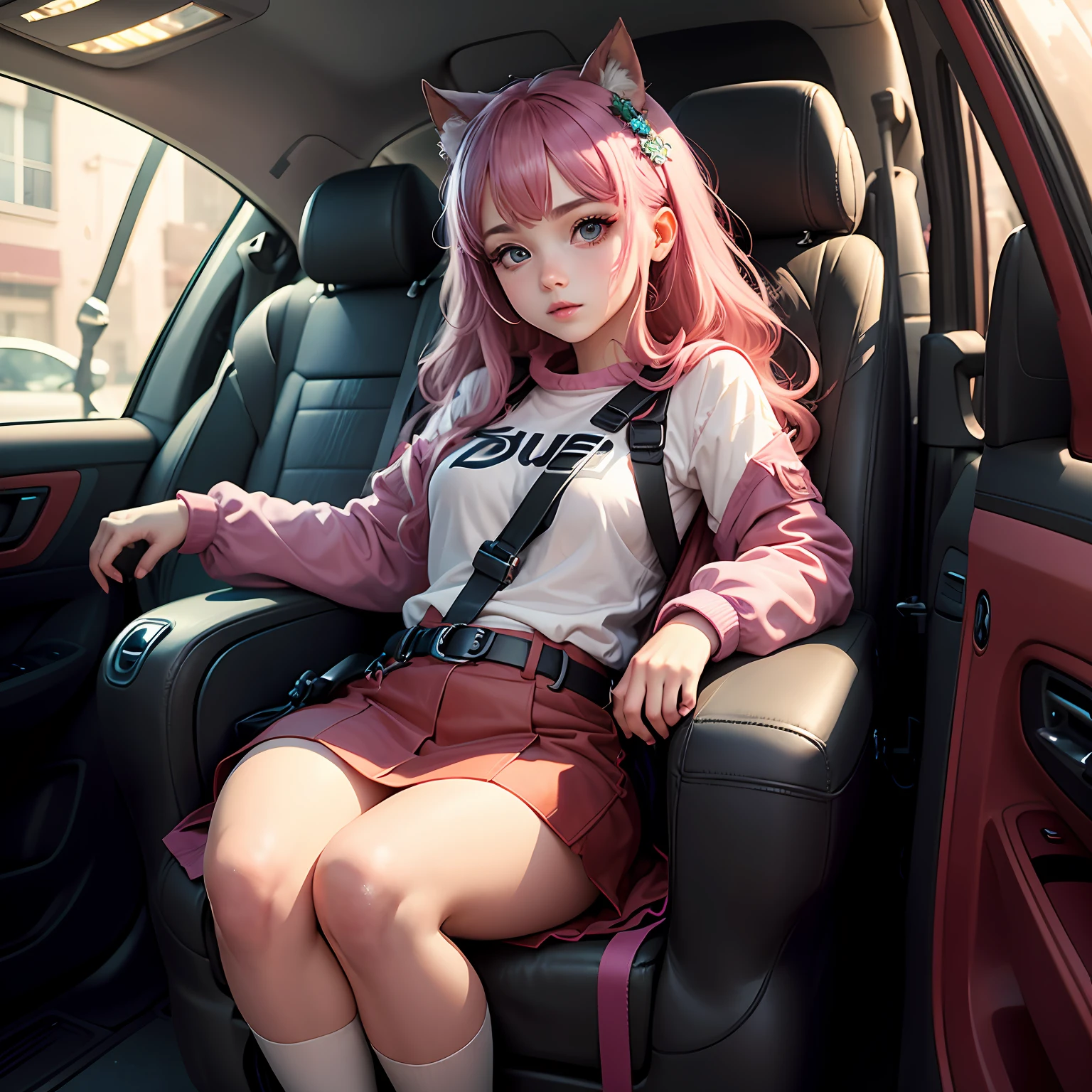 Anime style, a girl sitting in a car seat, reminiscent of the ones used for infants. The scene portrays the girl with large expressive eyes, colorful hair in vibrant shades, wearing a cute outfit while securely fastened in the seat. The background consists of a car interior with safety features and soft padding. The color palette is bright and cheerful, with a mix of playful tones. Soft lighting illuminates the girl's features, creating a sense of warmth and comfort --auto