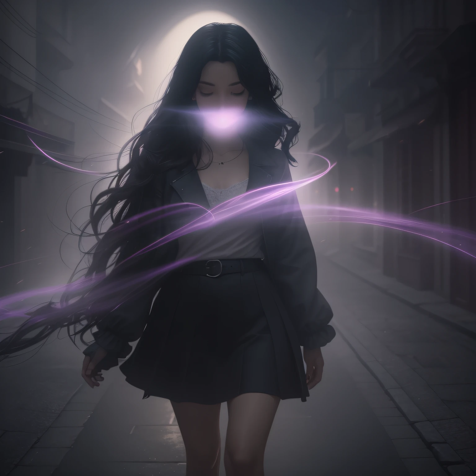 Woman walking head-on down a road at night, with fog and shadows, wavy and long black hair, detailed hand and fingers, high quality, ultra-detailed, 8k, masterpiece, (volumetric lighting), black magic, fanciful, lilac colors, purple, black and vivid shadows on the woman's return. --auto --s2