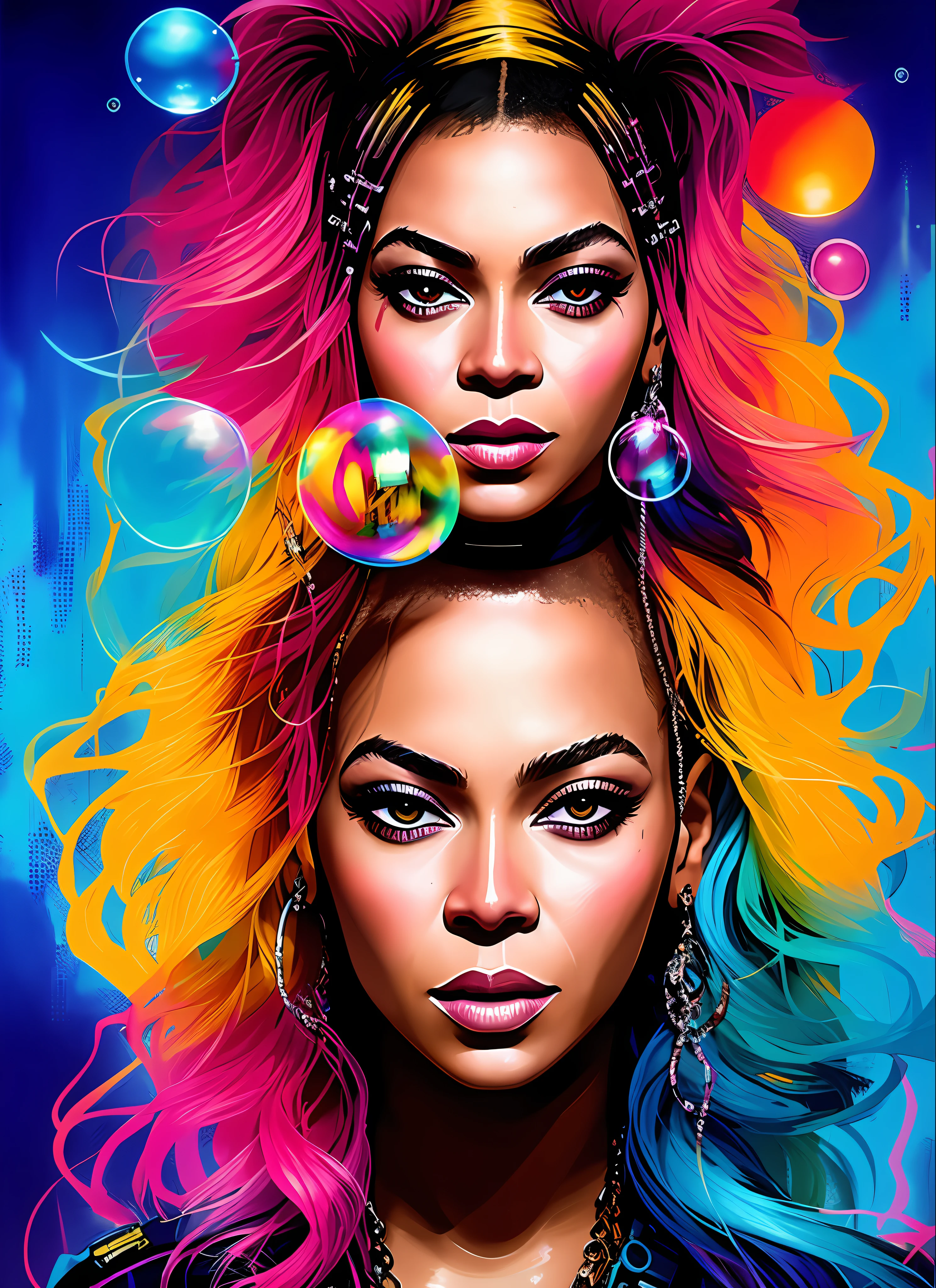 SynthwaveDrunken Beautiful Beyoncé como Delirium de Sandman, (Hallucinating Colorful Soap Bubbles), de Jeremy Mann, de Sandra Chevrier, de Dave McKean e Richard Avedon e Maciej Kuciara, punk rock, Tank Girl, High Detailed, 8K