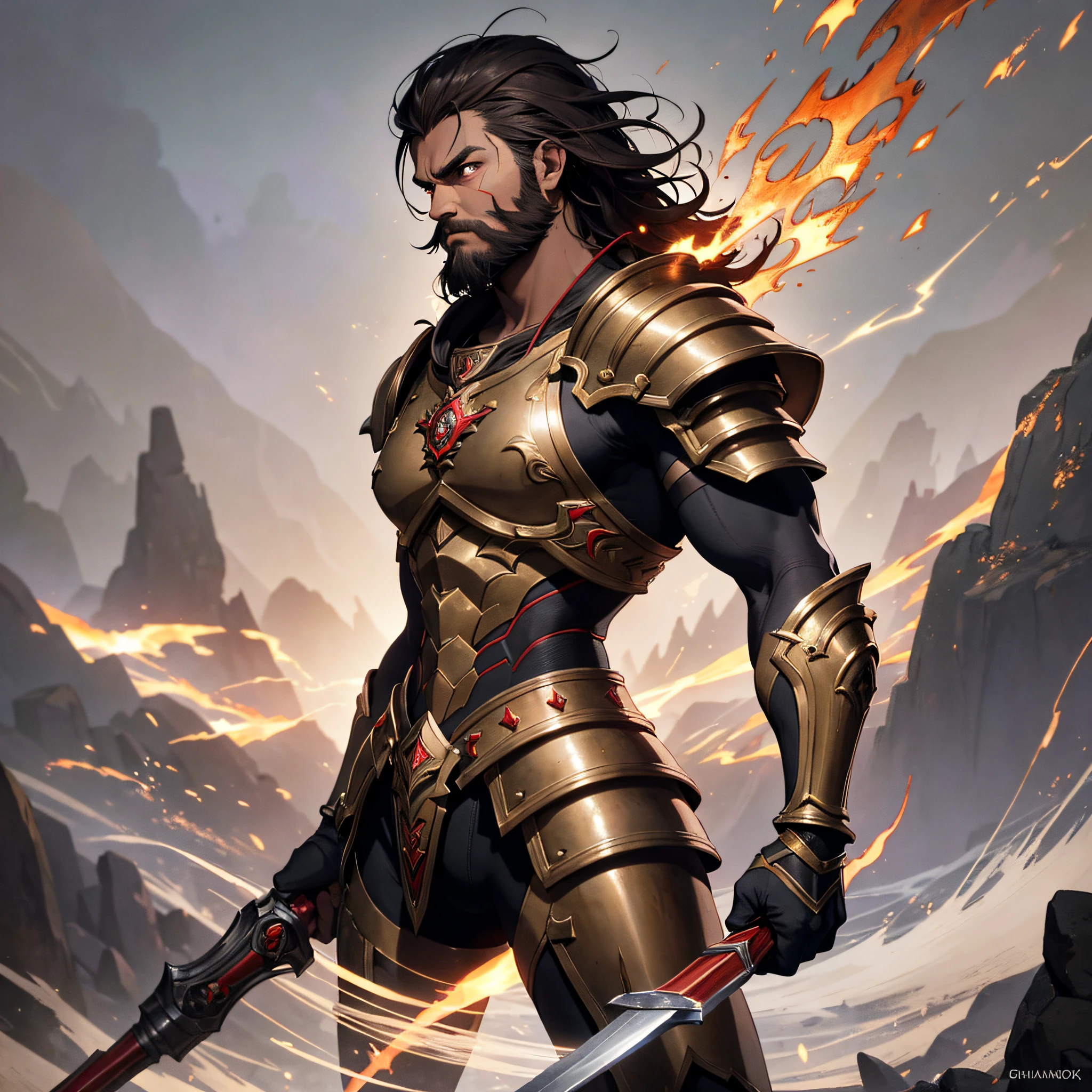 fantasia,masterpiece,altamente detalhado,warrior,aquarela, brilhante scale-like armor (from neck down),bright red eyes, furious, pose de luta, battle ready,beard, 2 handed hammer,strong,musculoso,brown skin,fierce look,minimalista,shadow background --auto --s2