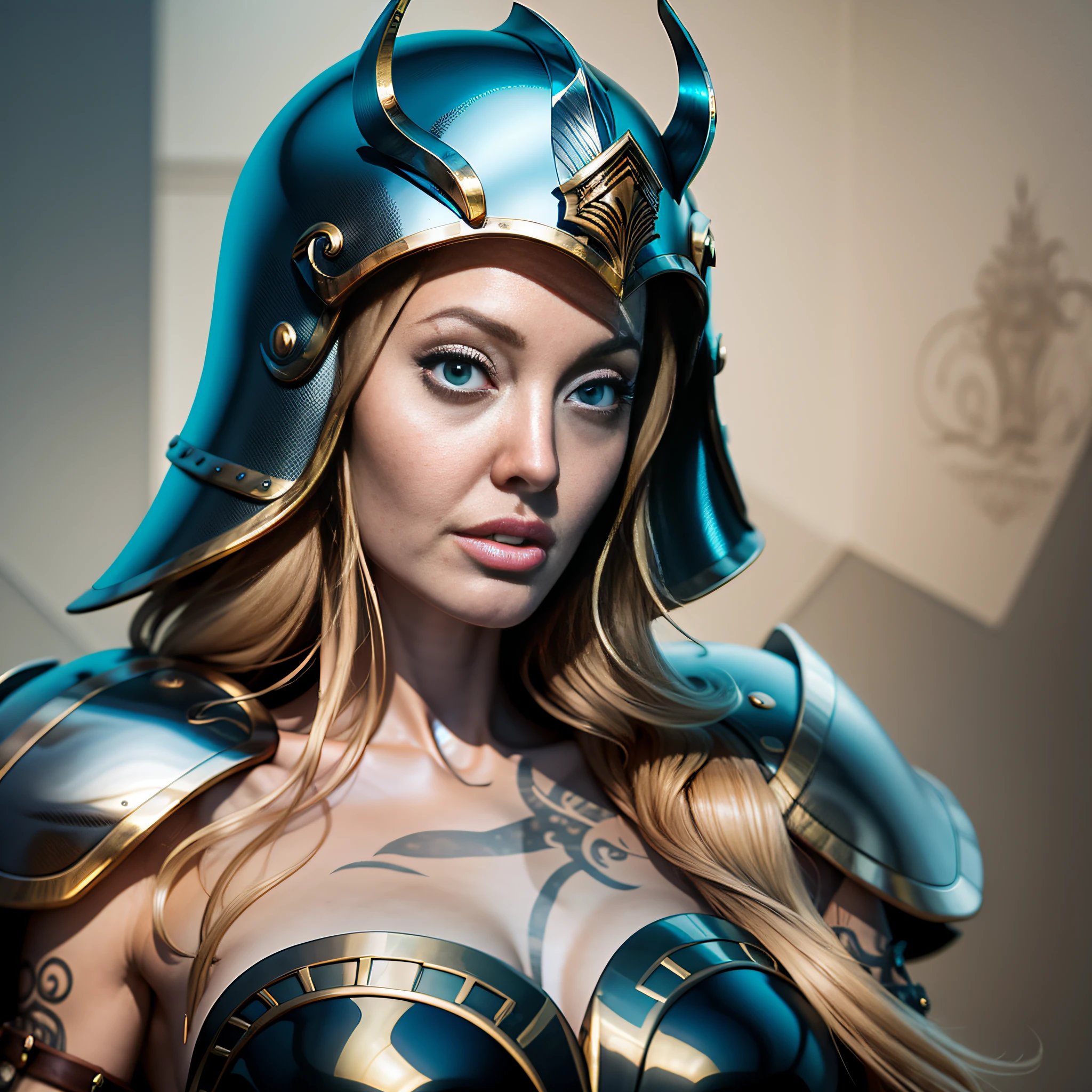 angelina jolie vestida com armadura viking, nervous, Surrealism, Tonalism, ray tracing, drop shadow, film grain, multiple views, 360 view, UHD, 16k, best quality, award winning, high quality