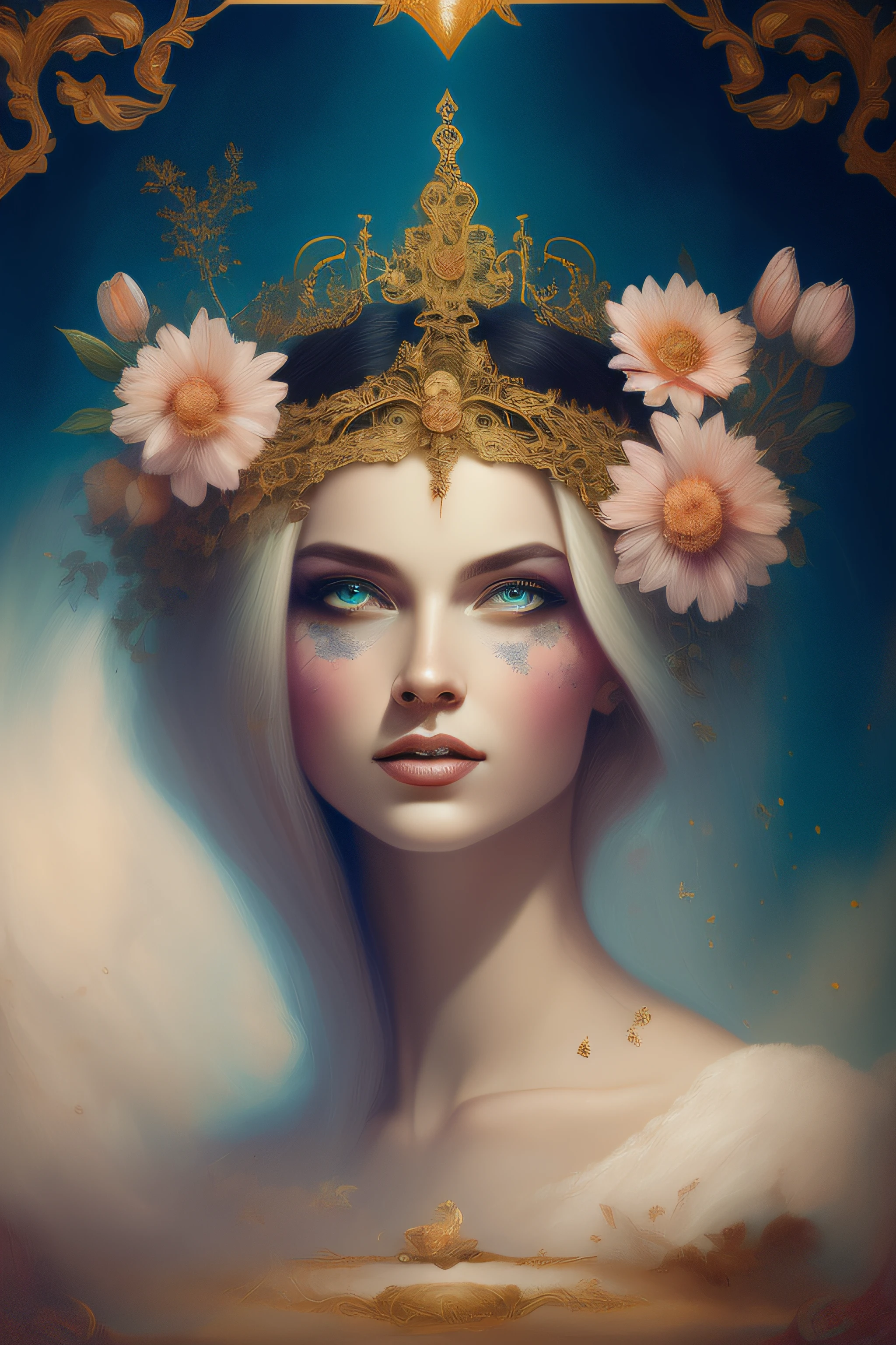 ((gorgeous princess)), (with long flowing white hair), (bright and beautiful eyes), trending on Art Station, flower of hope by Jean-Honor Fragonard, Peter mohrbacher, super detailed, crazy details , stunning sophisticated elite art nouveau ornate liquid wax elegant luxurious greg rutkowski ink style sticker vector art beautiful character design double exposure shot luminous design, winning entry, masterpiece, amoled black background,