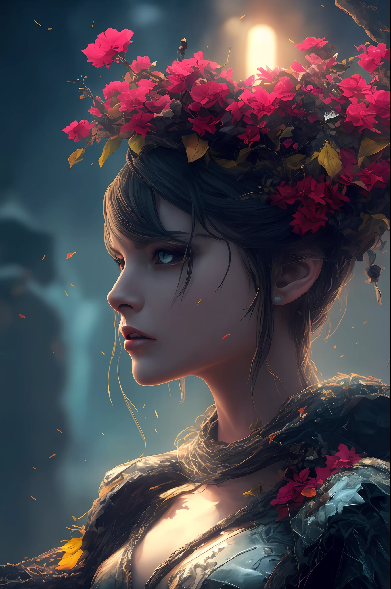 Imagine that the skin of this girl creature looks like it was made of a fishing net, with leaves and flowers on its body. Digital Epic Fantasy, Symmetrical Concept Art, Sinister Fantasy Illustration, Symmetrical Epic Fantasy Art, Epic Fantasy Science Fiction Illustration, Epic Fantasy Art Style, Epic Anime Art, Symmetrical Fantasy RPG Portrait, Anton Fadeev and Dan Mumford, (Masterpiece, Top Quality, Best Quality, Official Art, Beauty and Aesthetics: 1.2), Extreme Detail, (Fractal Art: 1.3), Colorful, Most Detailed, Full Body Pose, Cute Surrealist Photo, 8 K, Octane Beautifully Rendered, Very detailed, intricate, epic composition, cinematic lighting, masterpiece, art station trend, very, very detailed, stunning, HDR, smooth, sharp focus, high resolution, award-winning, award-winning photo, DSLR, 5 0 mm