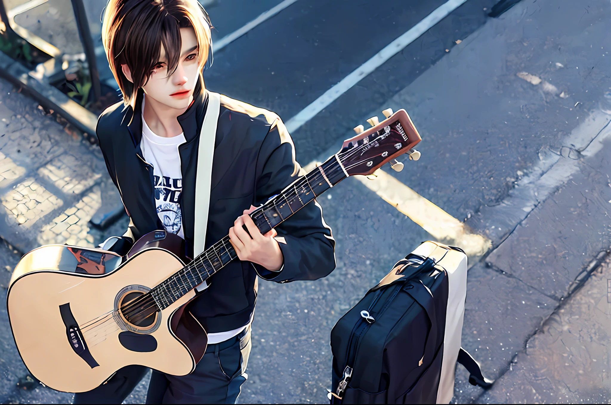 Portrait of a skinny 20-year-old boy, brunette, straight hair, wearing a black jacket and pants with a guitar on his back, on a city street with good sun lighting, anime style, medium sized straight hair, with a black guitar on his back, with a guitar in the bag, carrying a guitar