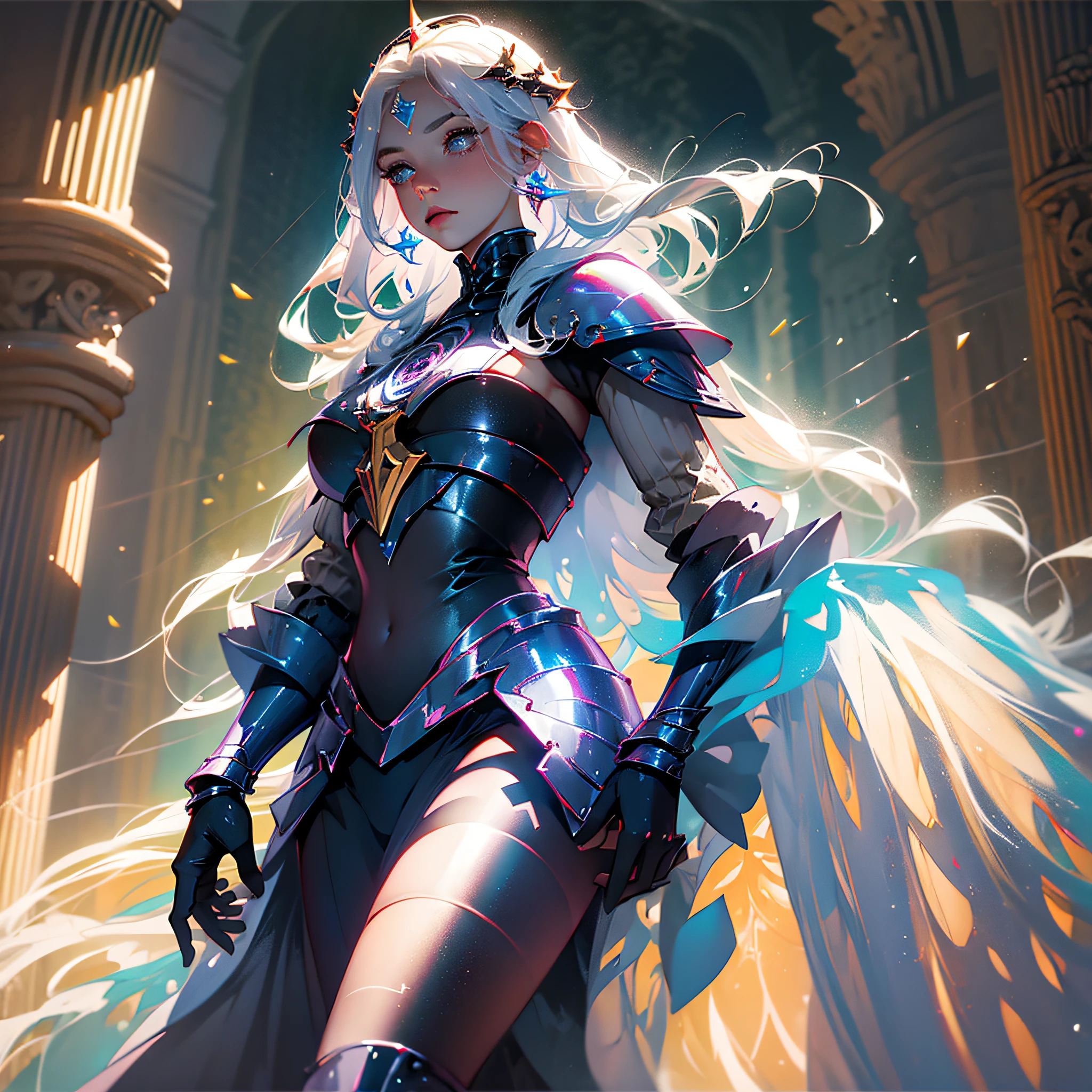 fantasia,masterpiece,altamente detalhado,paladin,armadura divina,arma divina,white light shining down,silver hair,minimalista,holy background,halt pose, epic shield, beautiful --auto --s2