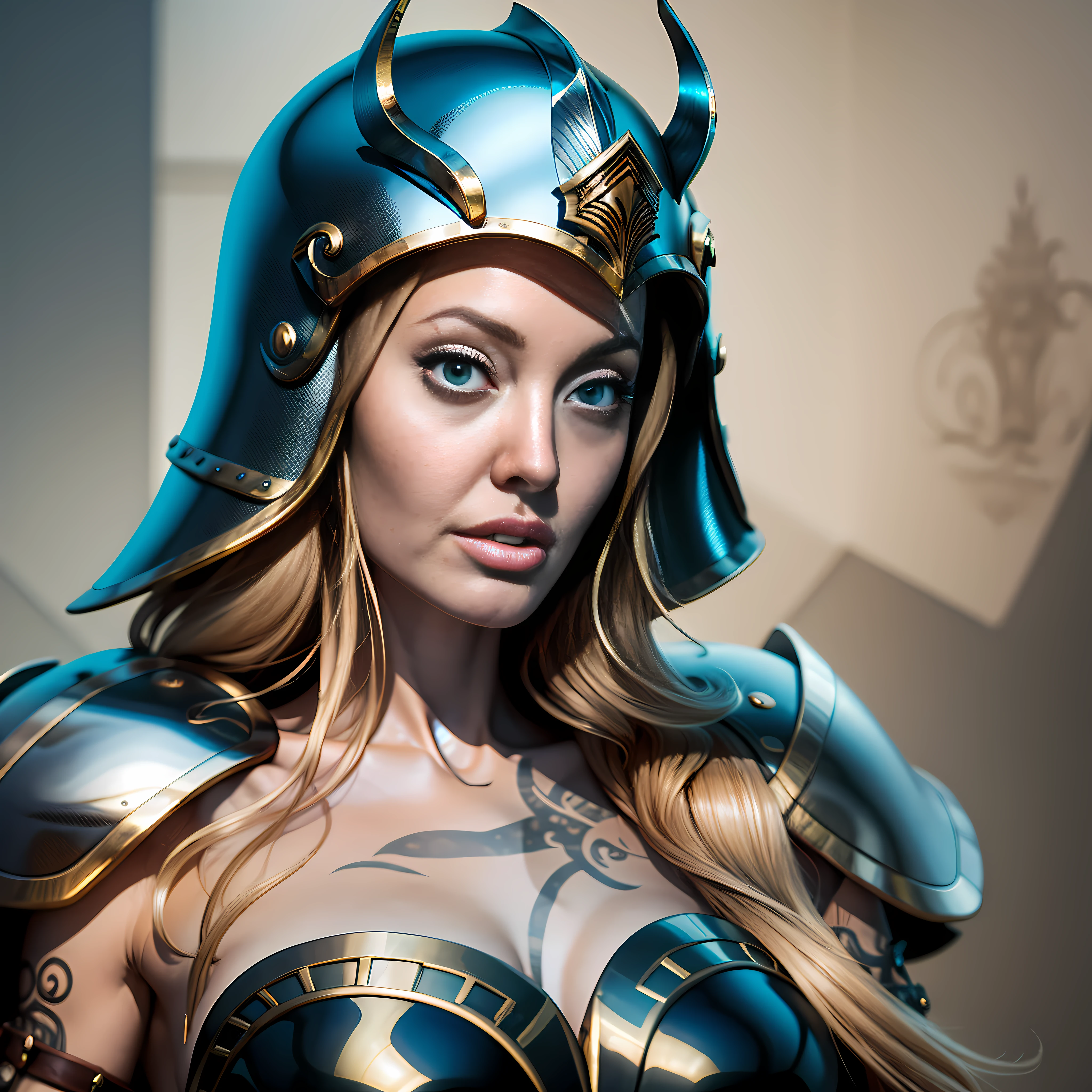 angelina jolie vestida com armadura viking, nervous, Surrealism, Tonalism, ray tracing, drop shadow, film grain, multiple views, 360 view, UHD, 16k, best quality, award winning, high quality