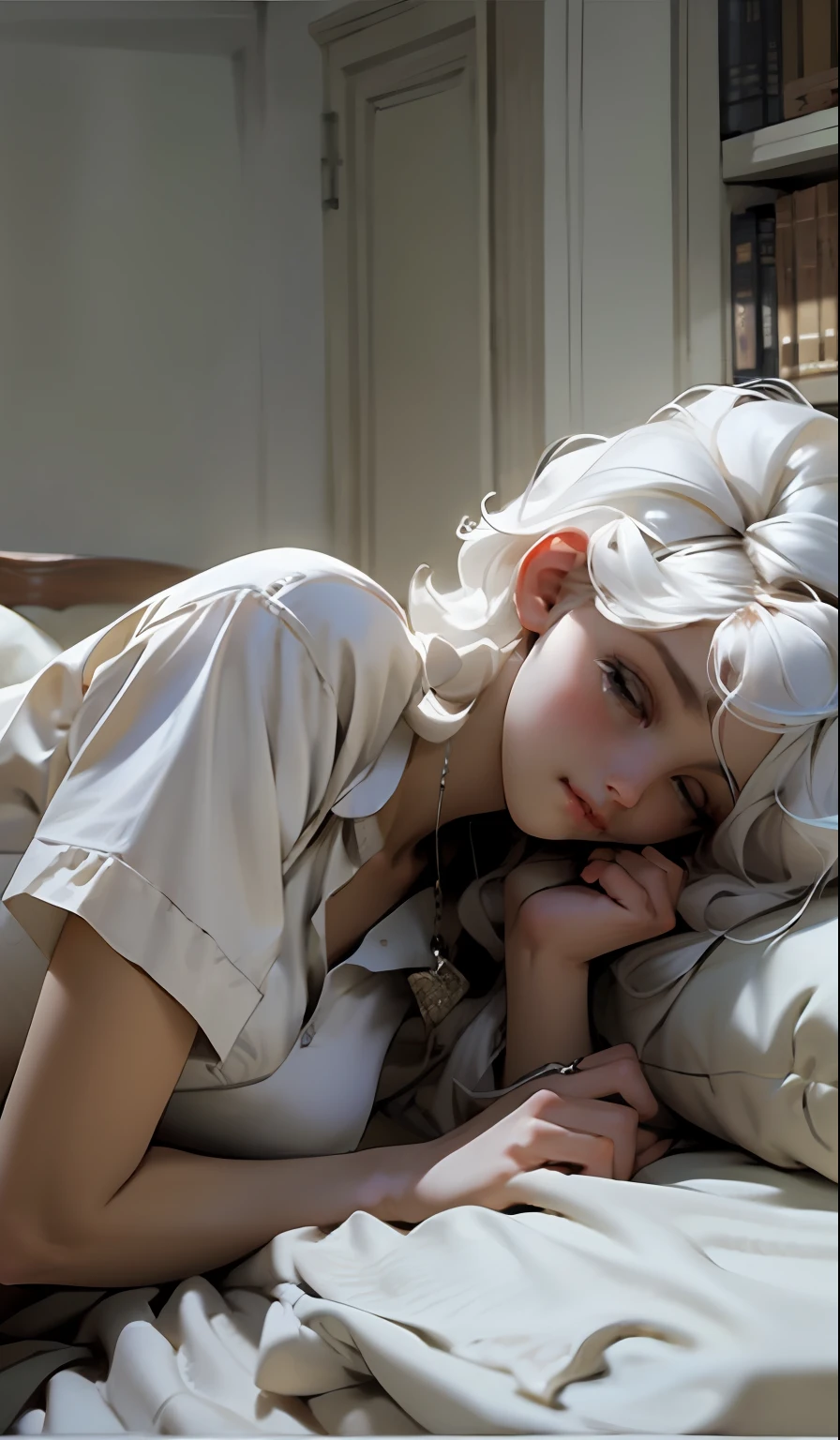 4k, realistic, carismatic, very detail, there is a girl on bed, wearing pajama, she is sleepy, white theme, white hair, 25 years old, full body