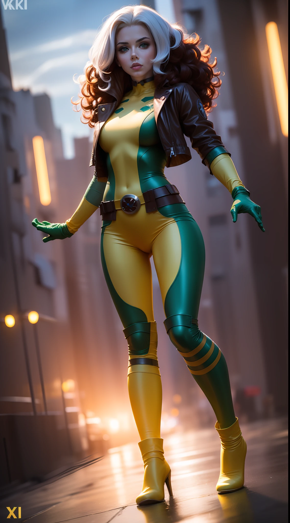 Scarlett Johansson, white locks in hair, beauty, Rogue cosplay (X-Men), ((Rogue X-men), Rogue X-men, white lock in hair, brown hair, green and yellow clothing, Yellow color in the middle of clothing vertically, brown jacket, green band on forehead, a belt with an X in the middle, flying, An X of X-men on the chest, wind effect,  full body photo, prominent figure, night, photo (Masterpiece) (Best quality) (Detail) (8K) (HD) (Wallpaper) (cinematic lightining) (Crisp focus) (Intricate), sexy, rain, wet, rays, best quality, Ultra high resolution, photorealistic, full body portrait, incredibly beautiful, dynamic poses, detailed skin texture, highly detailed skin, detailed face, beautiful legs, big chests, powerful