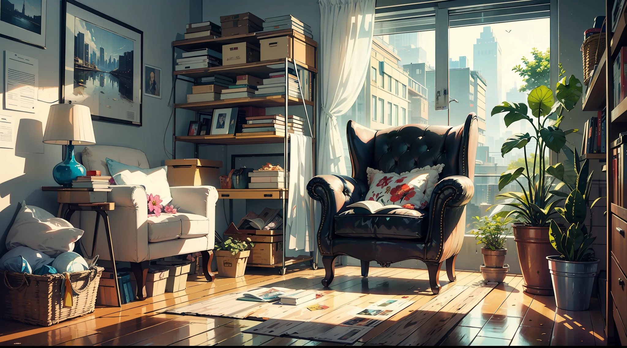 (masterpiece),(illustration with very saturated pulp color), (edges worn paper), (view of the image in full plane), (advertising poster), title letters, (ornaments on the flowered edges), a very young girl with innocent face in bikini sitting in an armchair, background a futuristic city, bluish afternoon light, wet floor reflecting, dirt, garbage on the floor, Stacked boxes, metal shelves full of stuff, posters on the walls