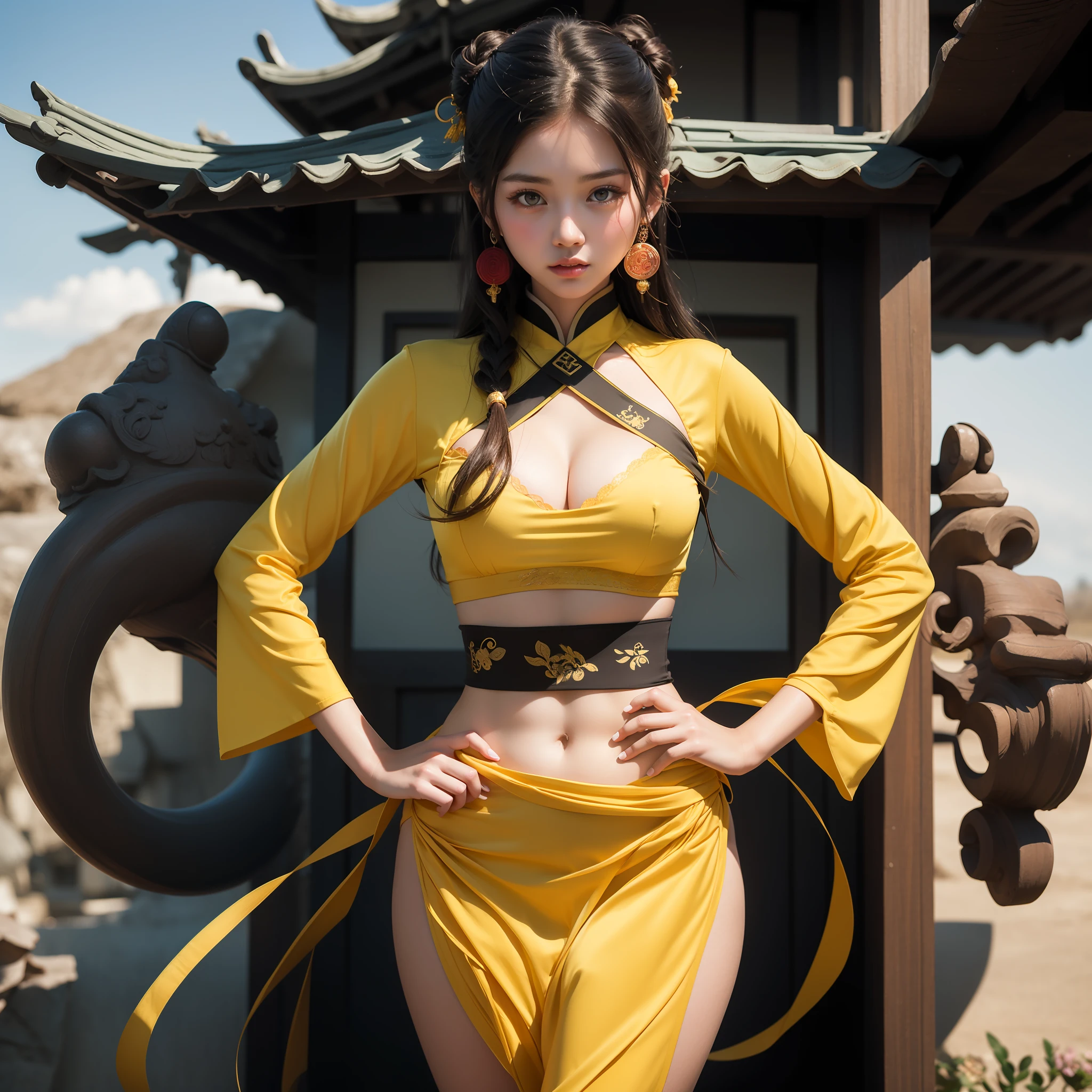 Masterpiece, best quality, wuxia 1girl, beautiful Chinese beauty, beautiful big eyes, plump lips, big breasts, thin waist, beautiful navel, beautiful legs, perfect body beauty, transparent yellow gauze , human hands, correct human anatomy, --auto