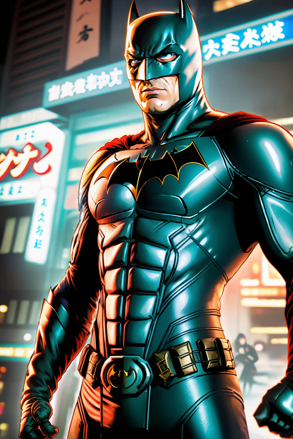 Batman contra os soldados da Yakuza (Mafia do Japão), 64k, Cartoon, DC Comics, detailed, high definicion, ultra resolution, realistic, Fujifilm XT3, Dark ilumination, angry, darkness, ultra definicion, Dark City, action scene