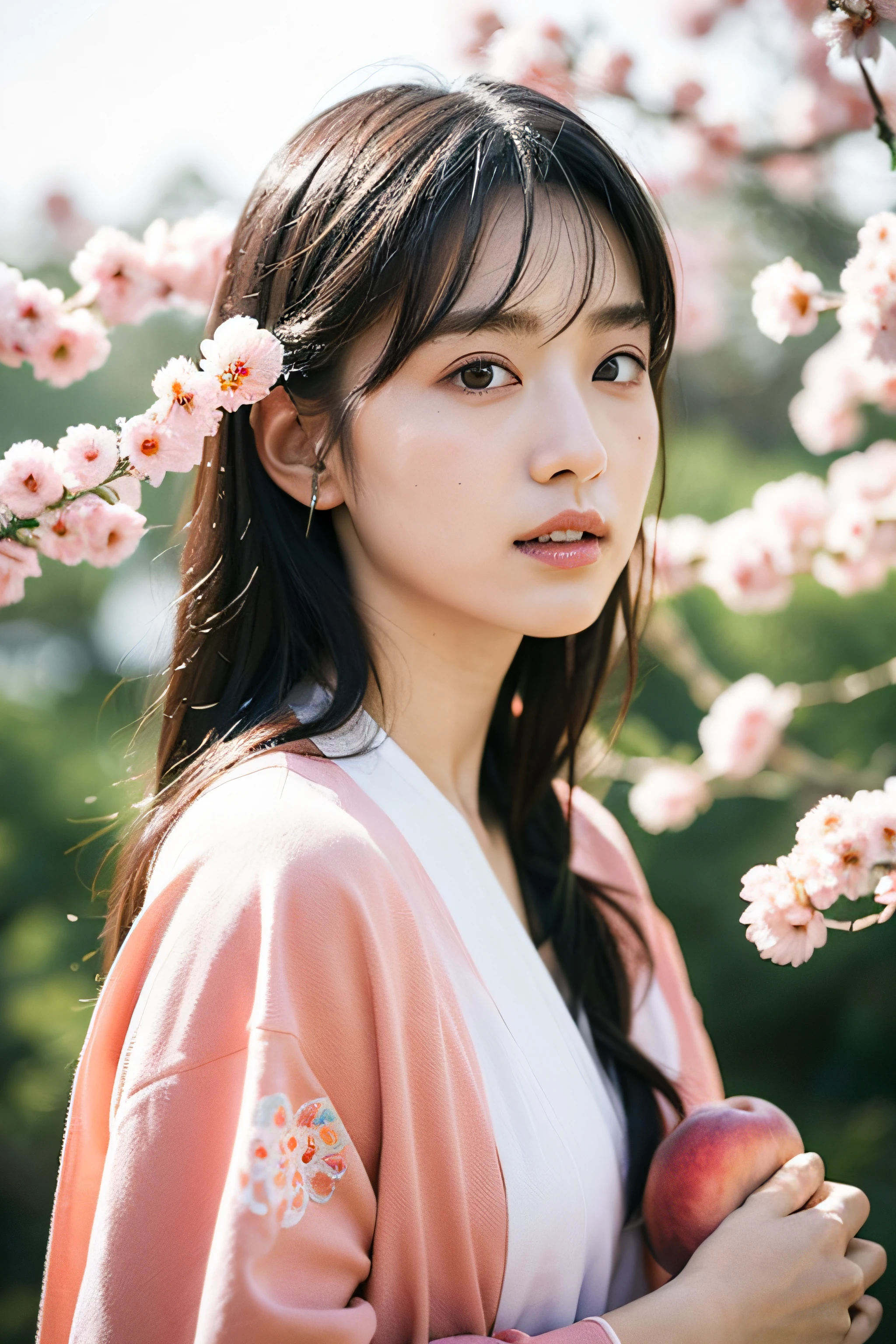 best quality ,masterpiece, illustration, an extremely delicate and beautiful, extremely detailed ,CG ,unity ,8k wallpaper, Amazi，An 18-year-old girl, looking sideways at the camera, has a very detailed face, delicate skin, quiet and composed, black hair, black eyes, and peach blossoms on her hair. She is wearing a charming kimono with various auspicious patterns embroidered on it, with peach blossoms in the background,