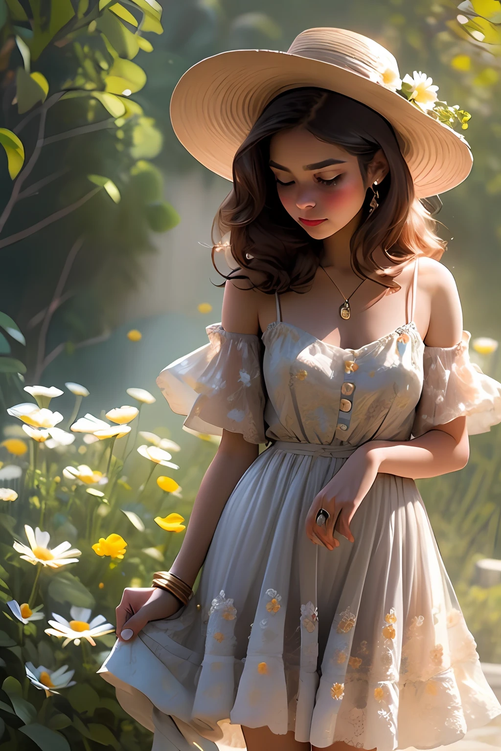 nsfw,(collarbone:1.331), (camisole:1.21),2 girls,yuri,lesbian,kiss,lesbian,,a woman in a floral dress and straw hat standing on a tree brancha ,wet see-through dress,woman in a gray dress holding a bouquet of daisies, a stock photo by Oleg Oprisco, pinterest, art photography, made of flowers, soft light, enchanting, intimate but not tight, cuffs decorated with light gold lines, People can't help but think of the stars twinkling in the starry sky, wearing a necklace made of sapphire and gold,calling lightning, fireball,skirtlift,